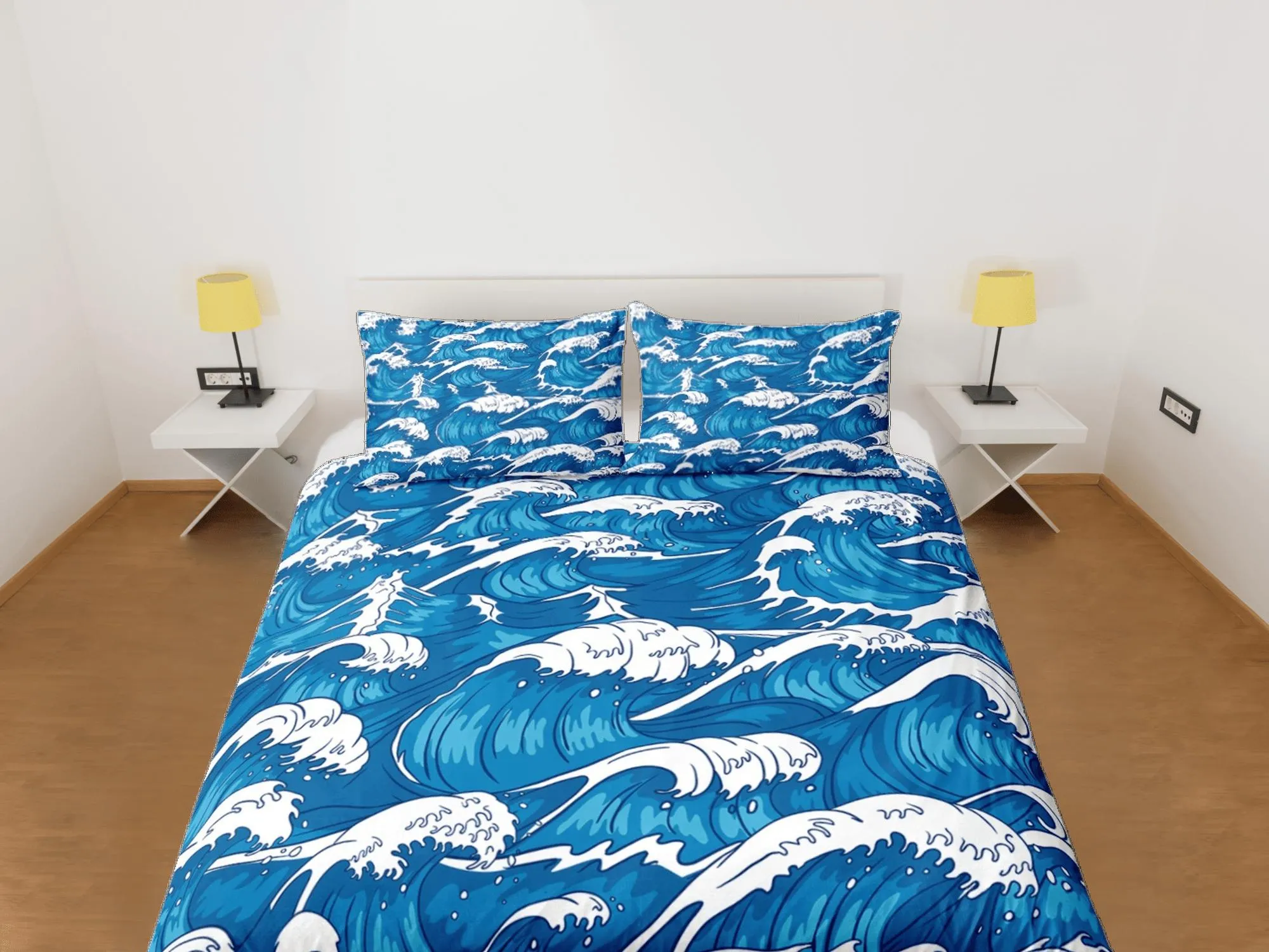 Ocean waves oriental bedding, cool bedding set, japanese blue duvet cover set for king, queen, full, twin, single, toddler bed, aesthetic