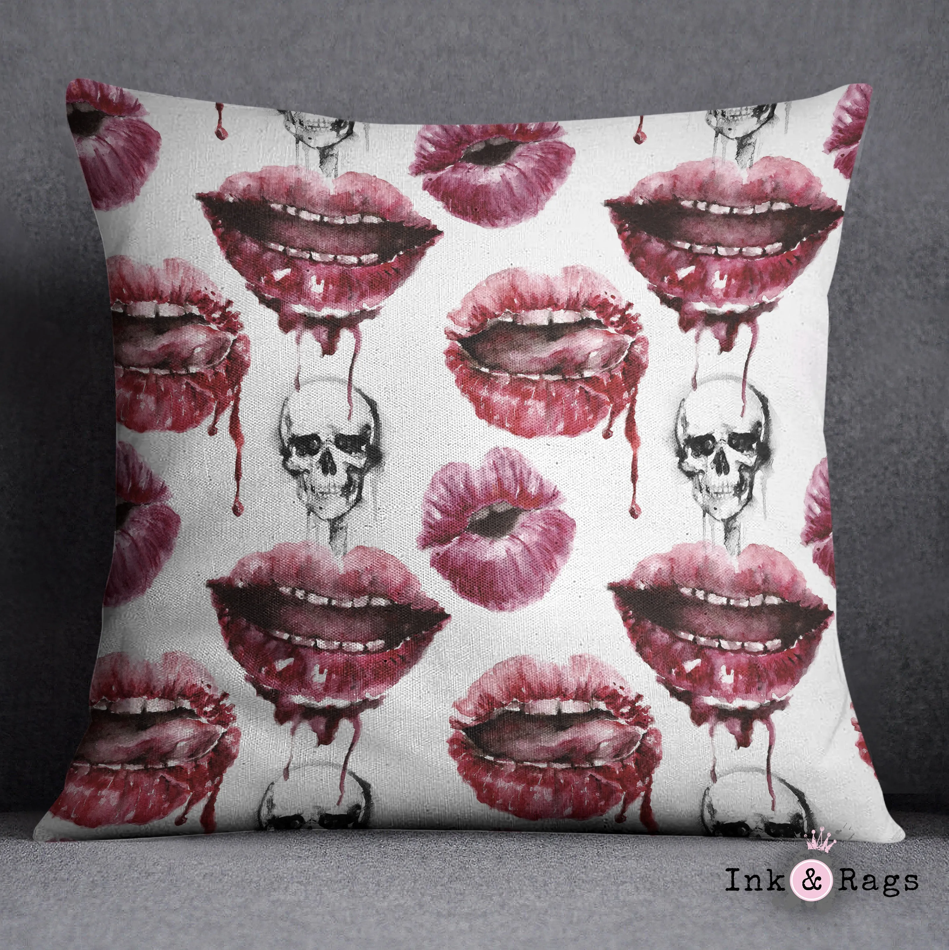 Oh la la! Lips and Skulls Throw Pillow