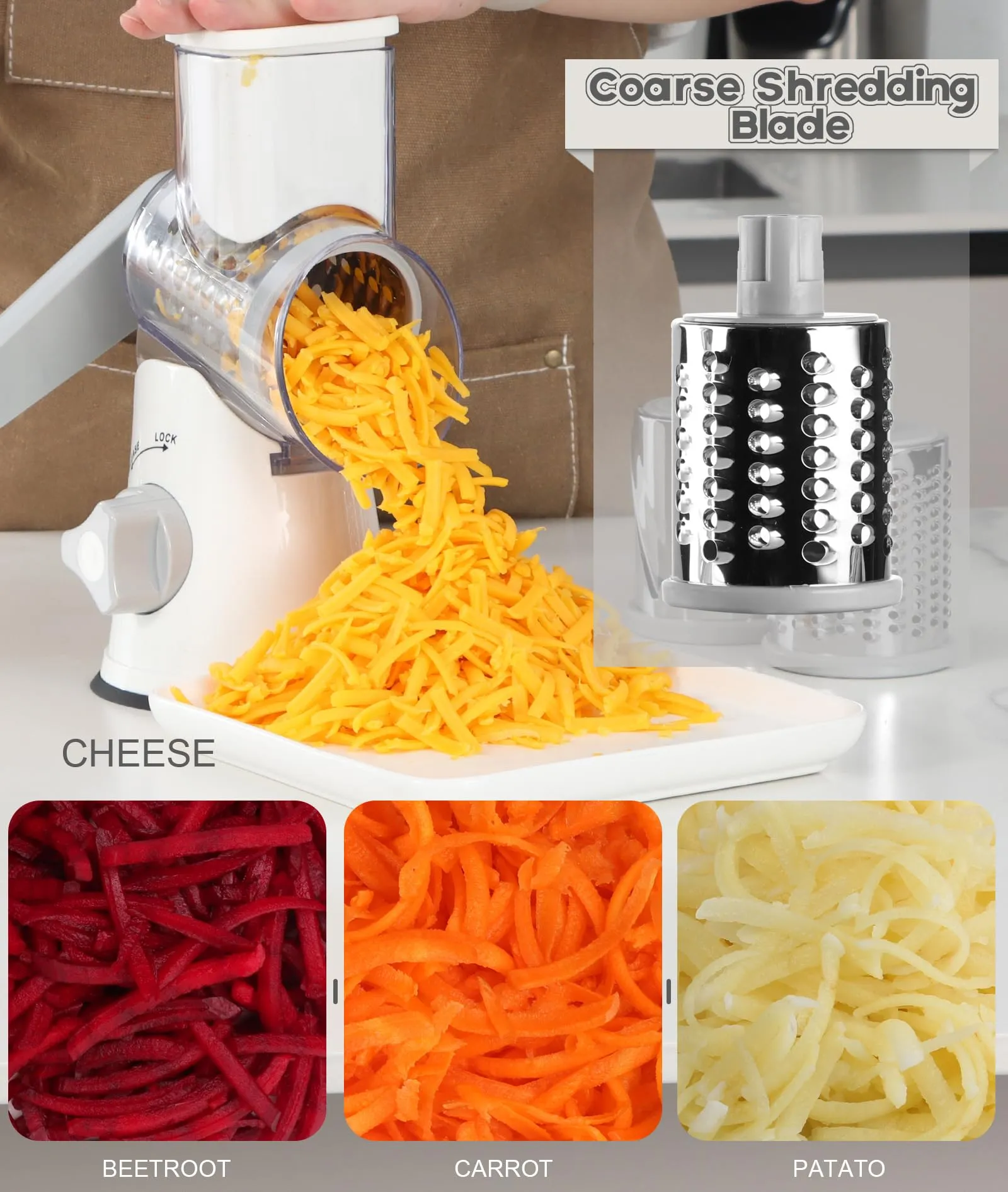 Ourokhome Rotary Cheese Grater Hand Crank, Kitchen Shredder Speed Mandolin Slicer Nuts Grinder with Handle and Drum Blades for Cheese, Vegetable, Walnuts, Chocolate, Potato, Carrot, 3 Blades, White