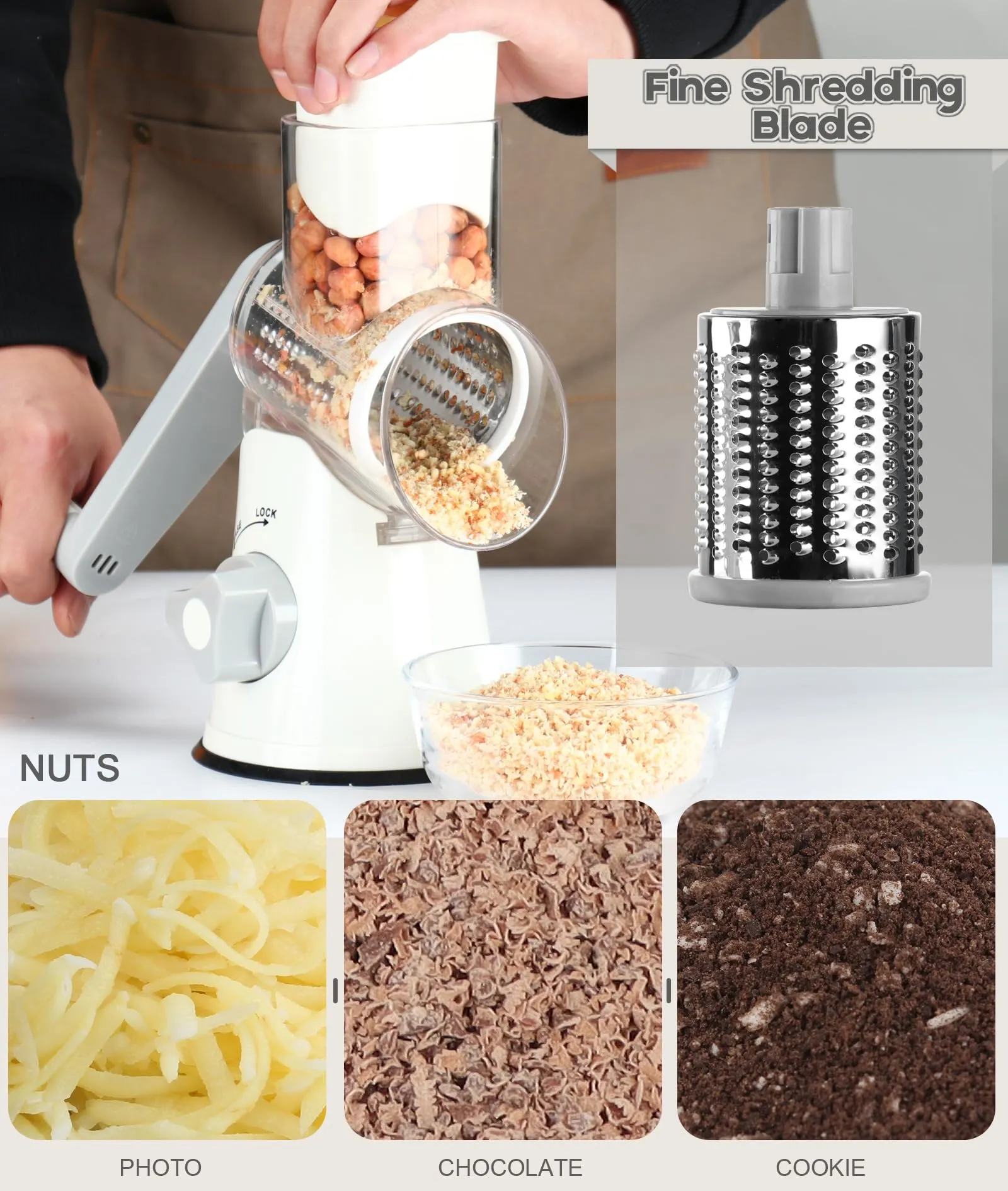 Ourokhome Rotary Cheese Grater Hand Crank, Kitchen Shredder Speed Mandolin Slicer Nuts Grinder with Handle and Drum Blades for Cheese, Vegetable, Walnuts, Chocolate, Potato, Carrot, 3 Blades, White