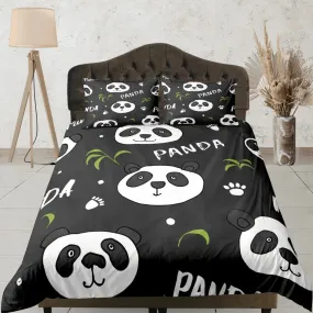 Panda paws black duvet cover for kids, bedding set full, king, queen, dorm bedding, toddler bedding, aesthetic bedspread, panda lovers gift