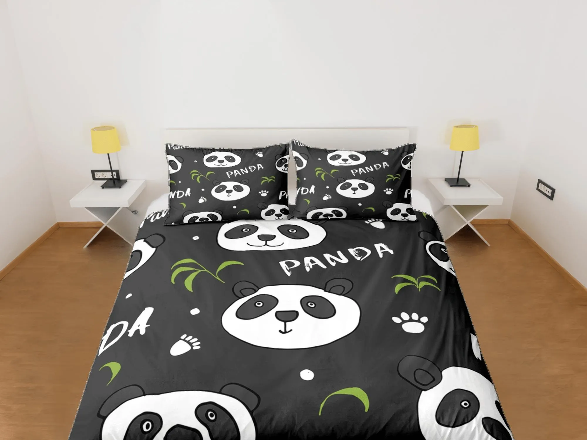 Panda paws black duvet cover for kids, bedding set full, king, queen, dorm bedding, toddler bedding, aesthetic bedspread, panda lovers gift