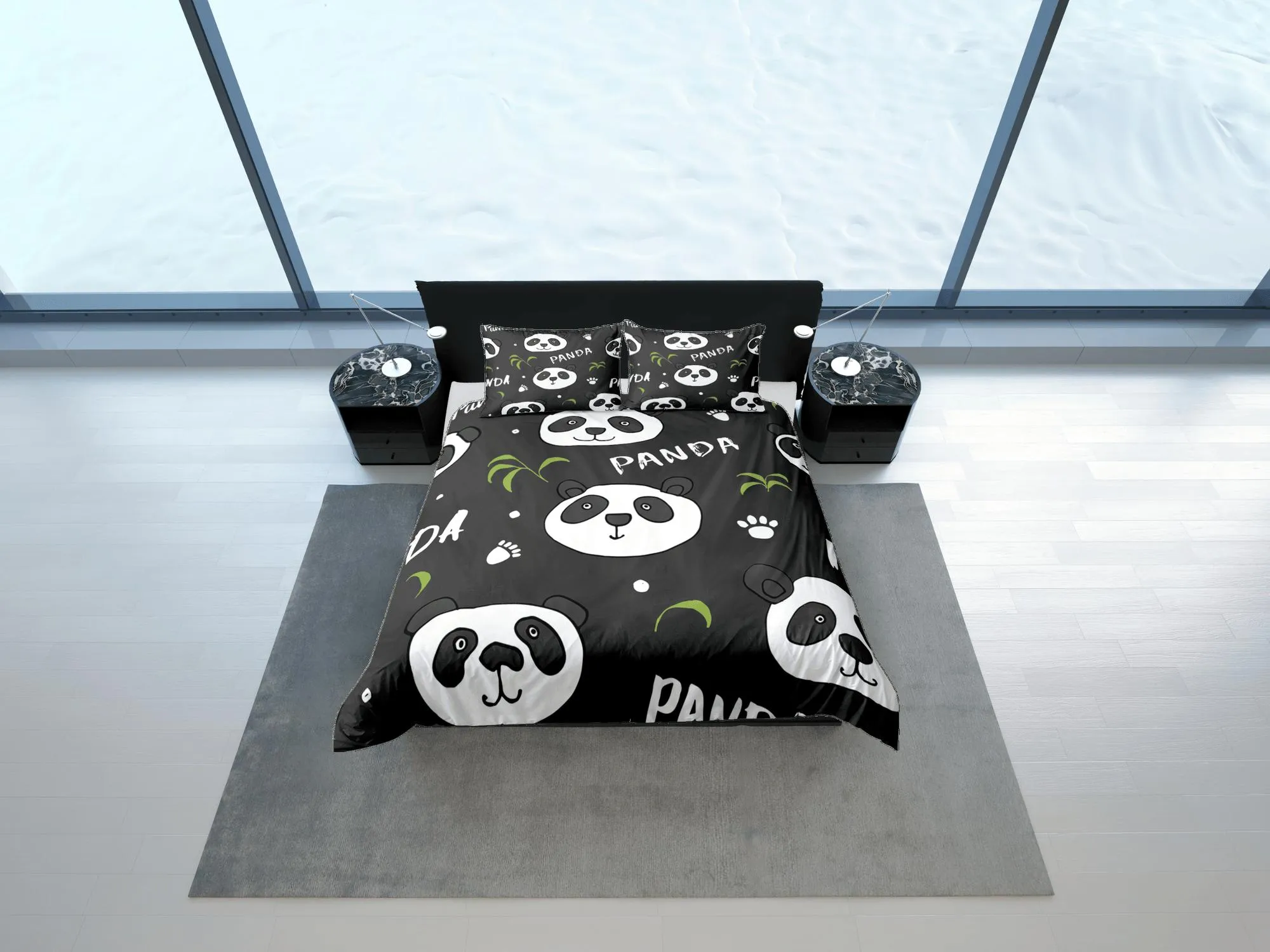 Panda paws black duvet cover for kids, bedding set full, king, queen, dorm bedding, toddler bedding, aesthetic bedspread, panda lovers gift