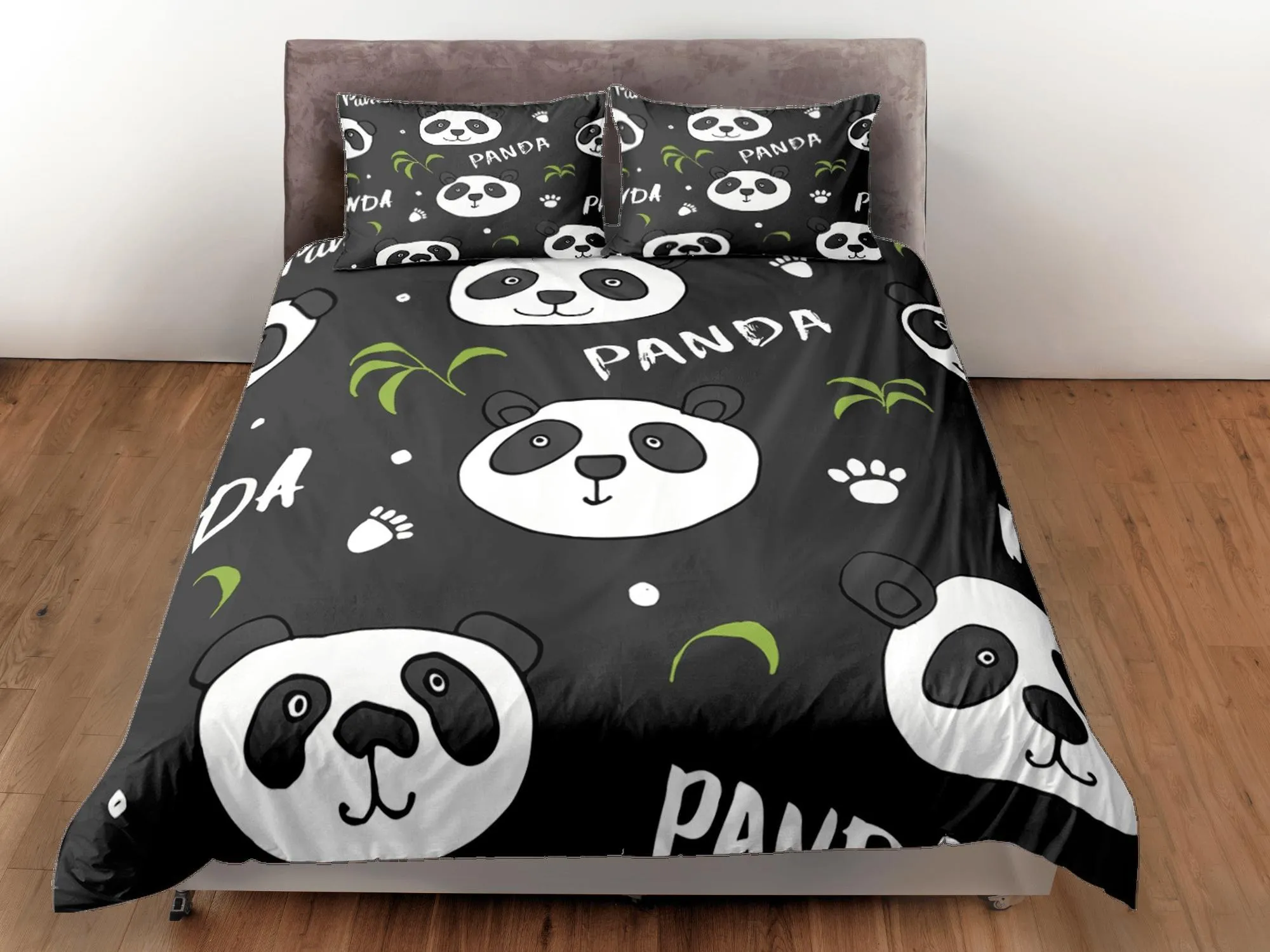 Panda paws black duvet cover for kids, bedding set full, king, queen, dorm bedding, toddler bedding, aesthetic bedspread, panda lovers gift