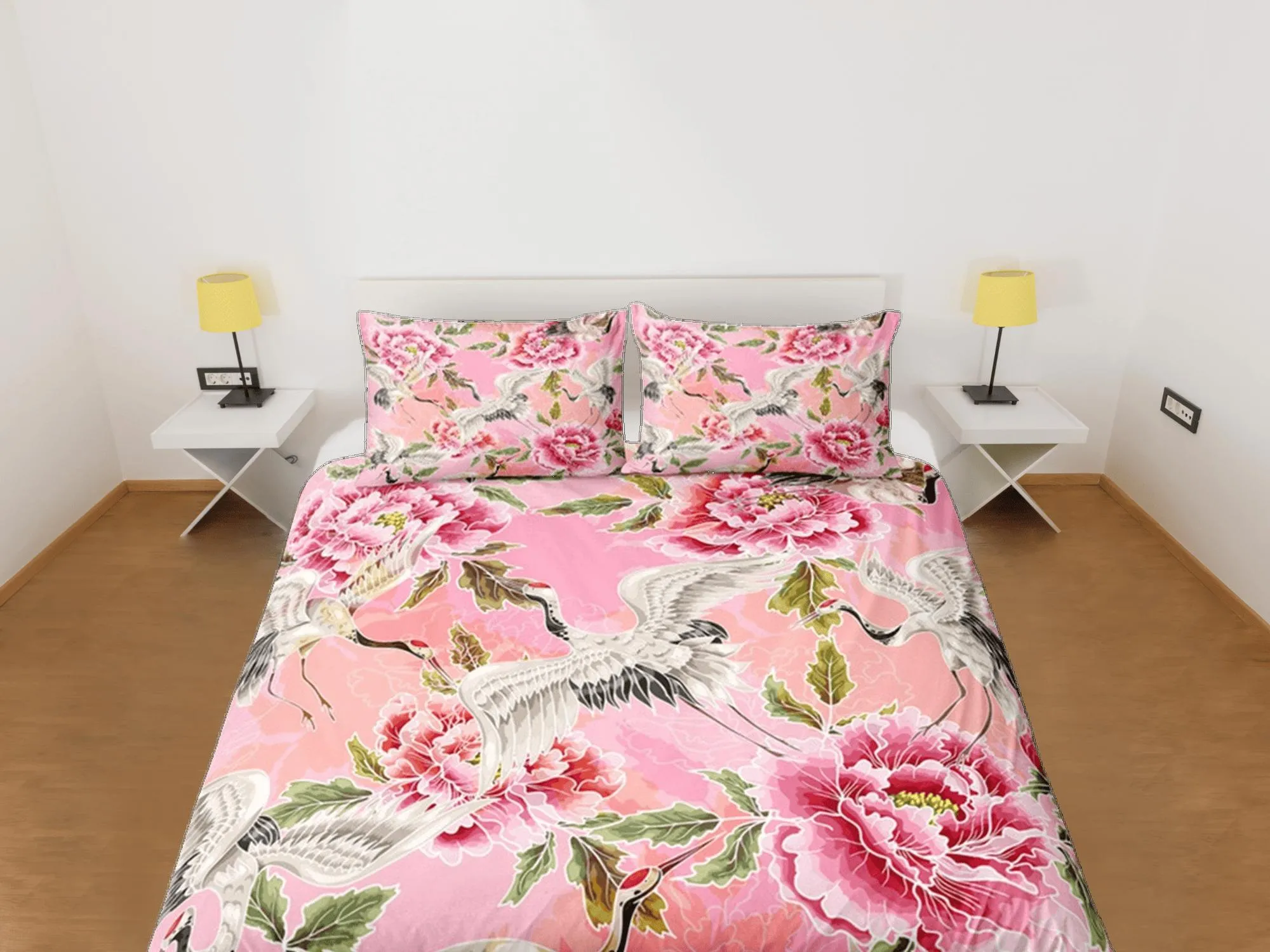 Pink Duvet Cover Set Floral Prints, Japanese Art Crane Bird Comforter Cover Set Pillowcase | Size King, Queen, Full, Twin & Single Bedding