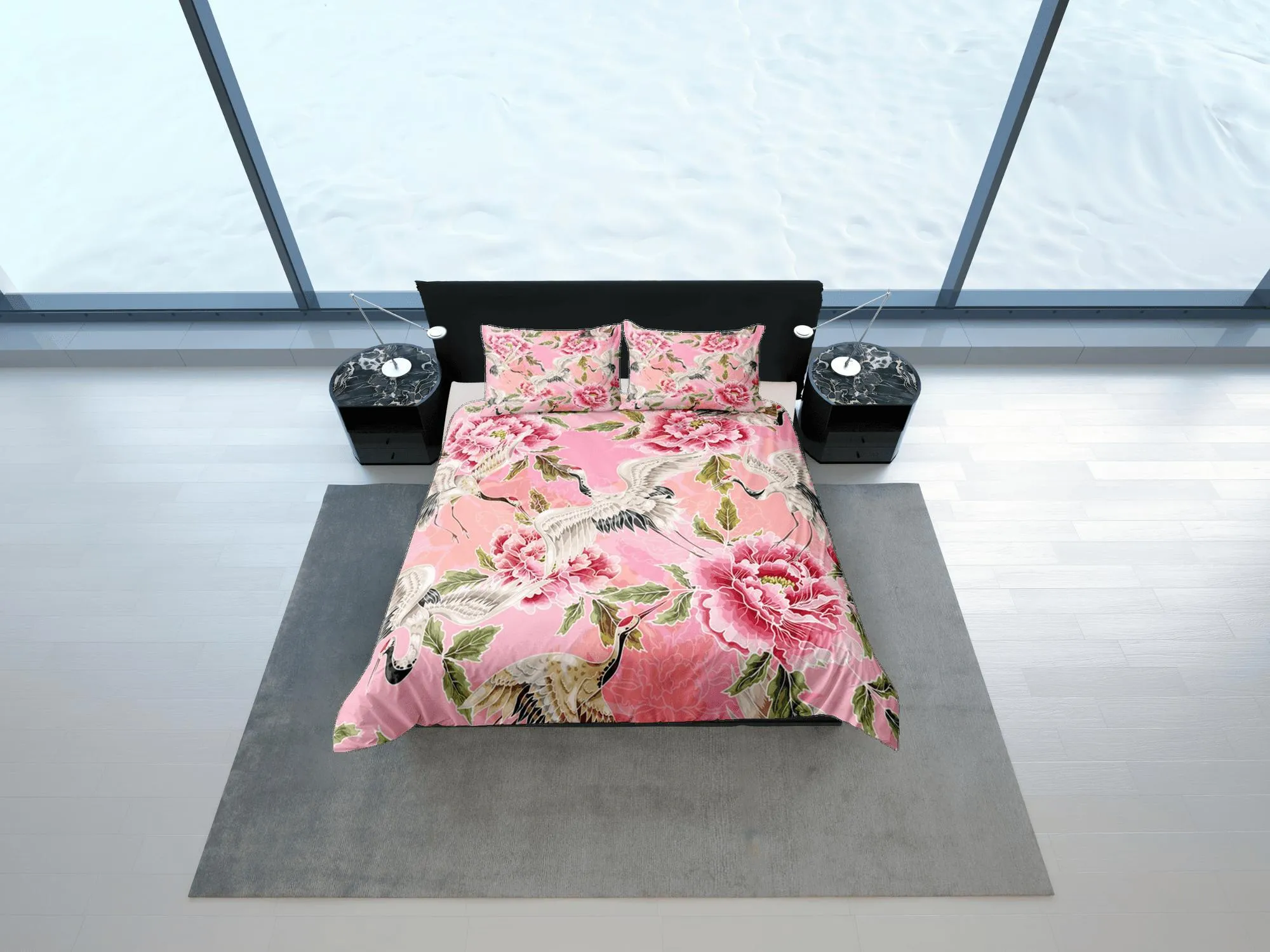 Pink Duvet Cover Set Floral Prints, Japanese Art Crane Bird Comforter Cover Set Pillowcase | Size King, Queen, Full, Twin & Single Bedding