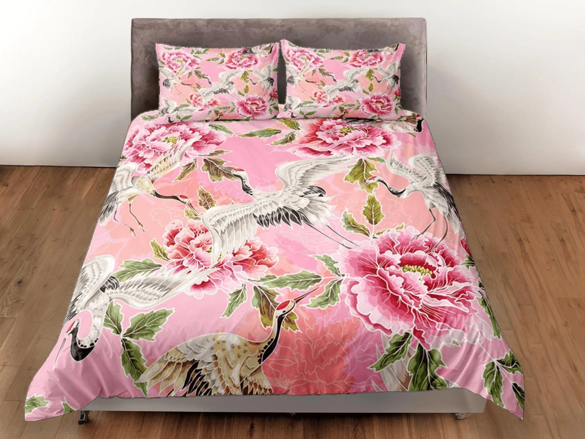 Pink Duvet Cover Set Floral Prints, Japanese Art Crane Bird Comforter Cover Set Pillowcase | Size King, Queen, Full, Twin & Single Bedding