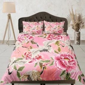 Pink Duvet Cover Set Floral Prints, Japanese Art Crane Bird Comforter Cover Set Pillowcase | Size King, Queen, Full, Twin & Single Bedding