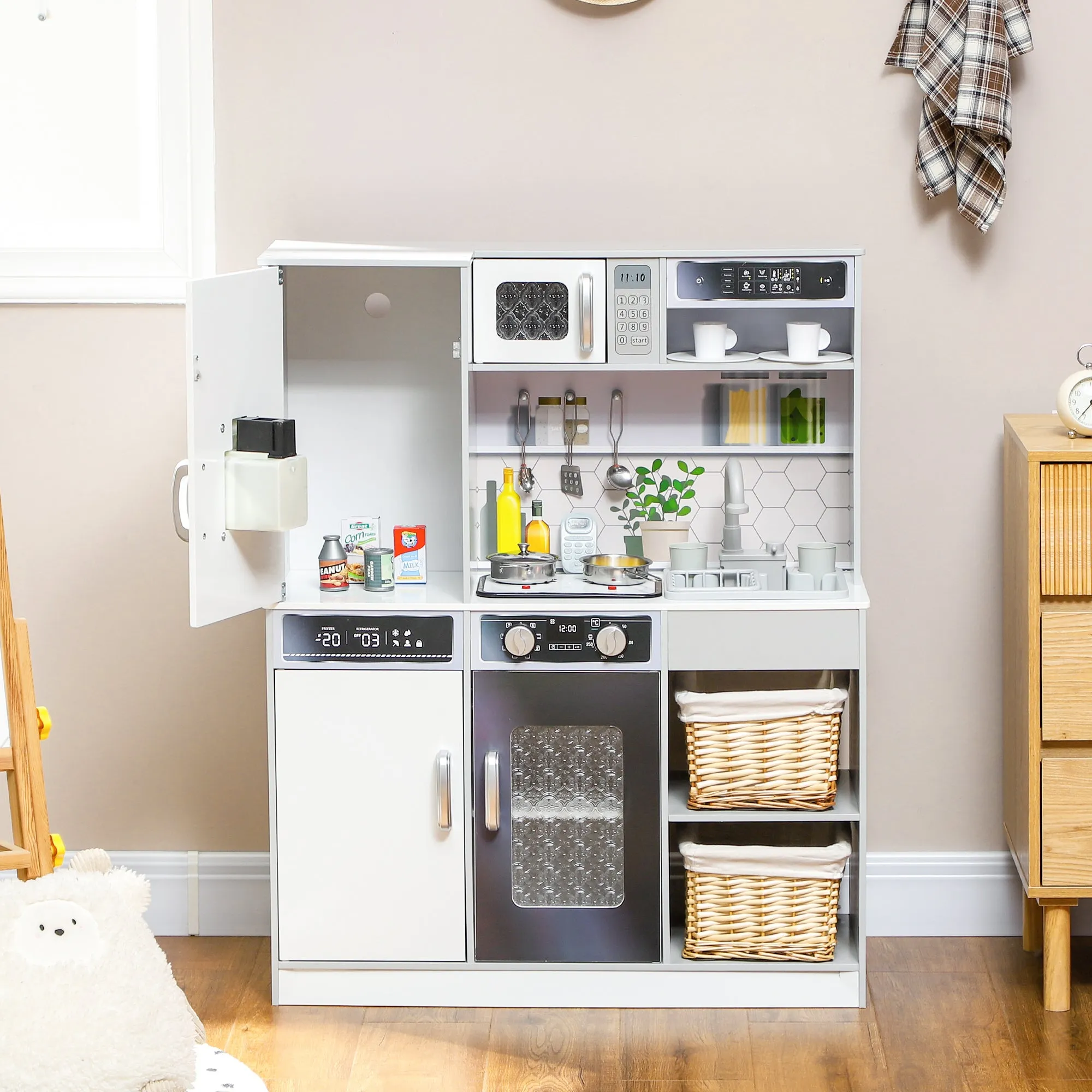 Play Kitchen, Pretend Toy Kitchen w/ Sounds Lights, Microwave