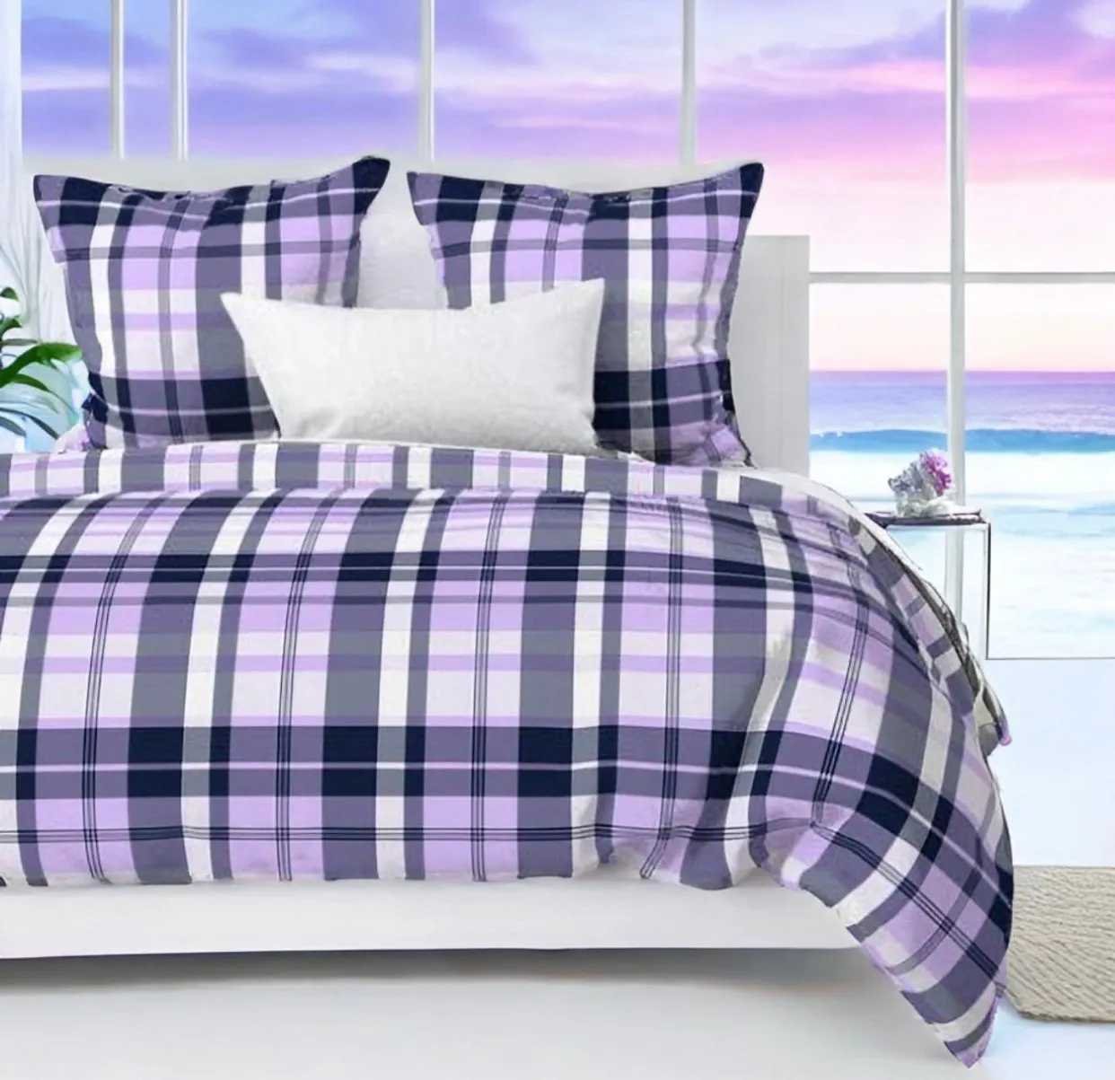 Preppy Surfer Navy Blue and Lavender Plaid Duvet Cover