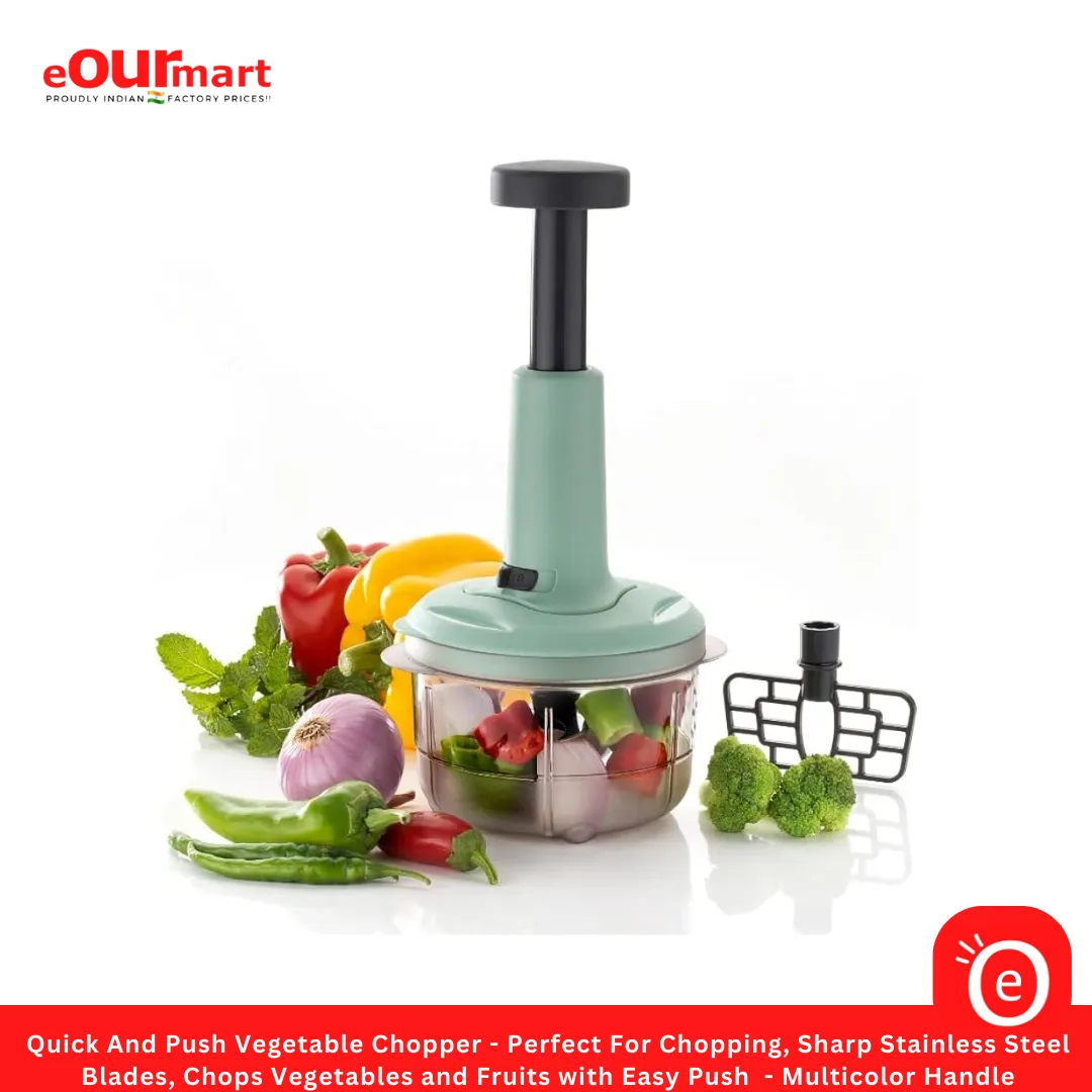 Quick And Push Vegetable Chopper - Perfect For Chopping, Sharp Stainless Steel Blades, Chops Vegetables and Fruits with Easy Push  - Multicolor Handle