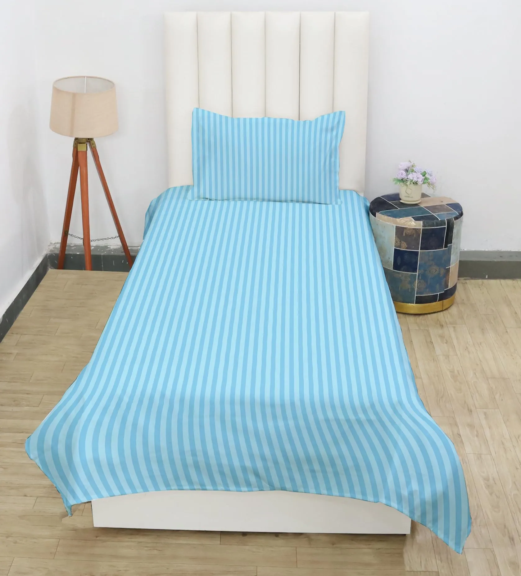 RD TREND Presents 210 tc Single Flat Satin Stripes Plain Bedsheet for Single Bed Size(90x 60 Inch) with One Pillow Covers Color-Aqua, Pattern-Striped