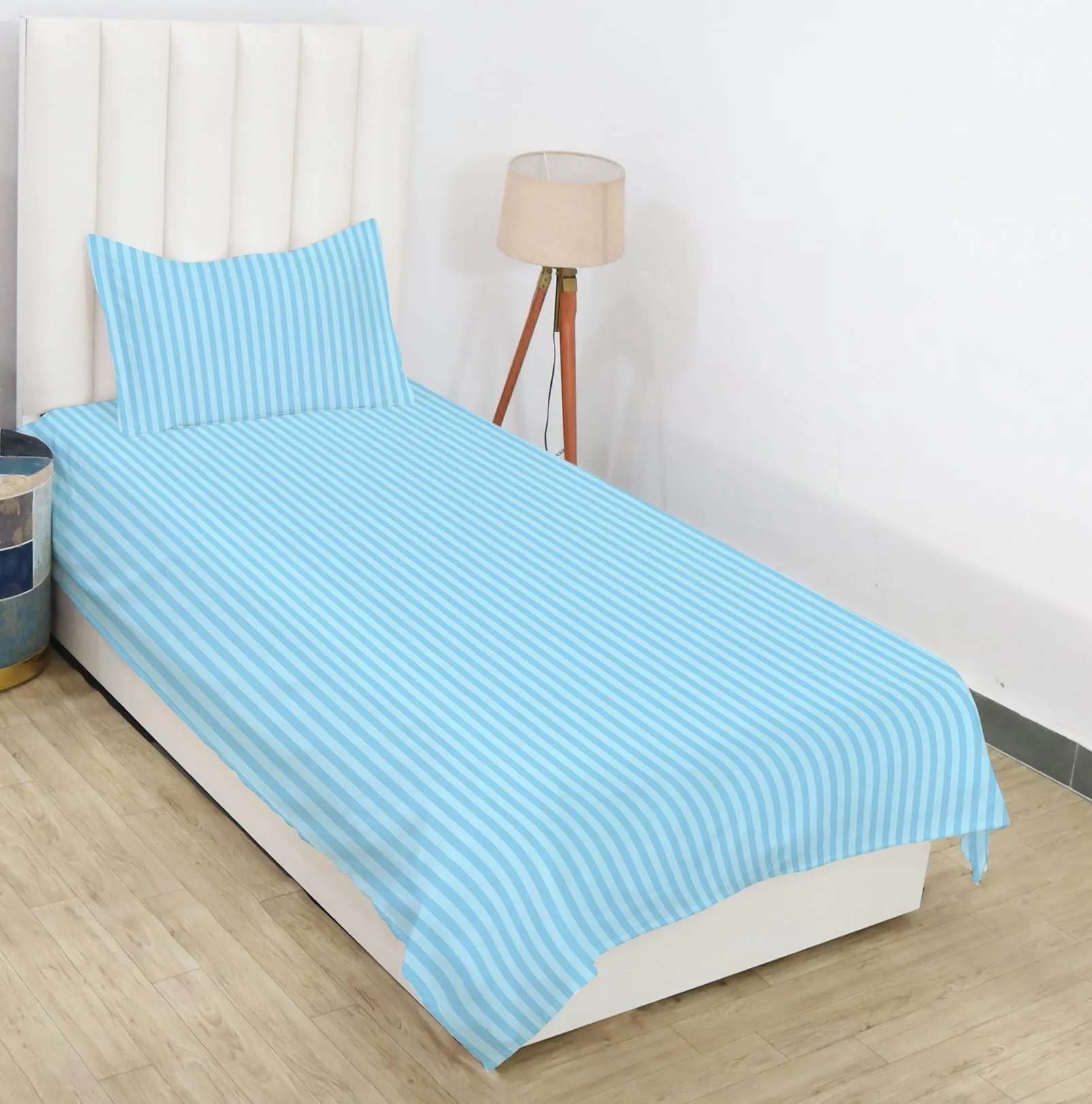 RD TREND Presents 210 tc Single Flat Satin Stripes Plain Bedsheet for Single Bed Size(90x 60 Inch) with One Pillow Covers Color-Aqua, Pattern-Striped