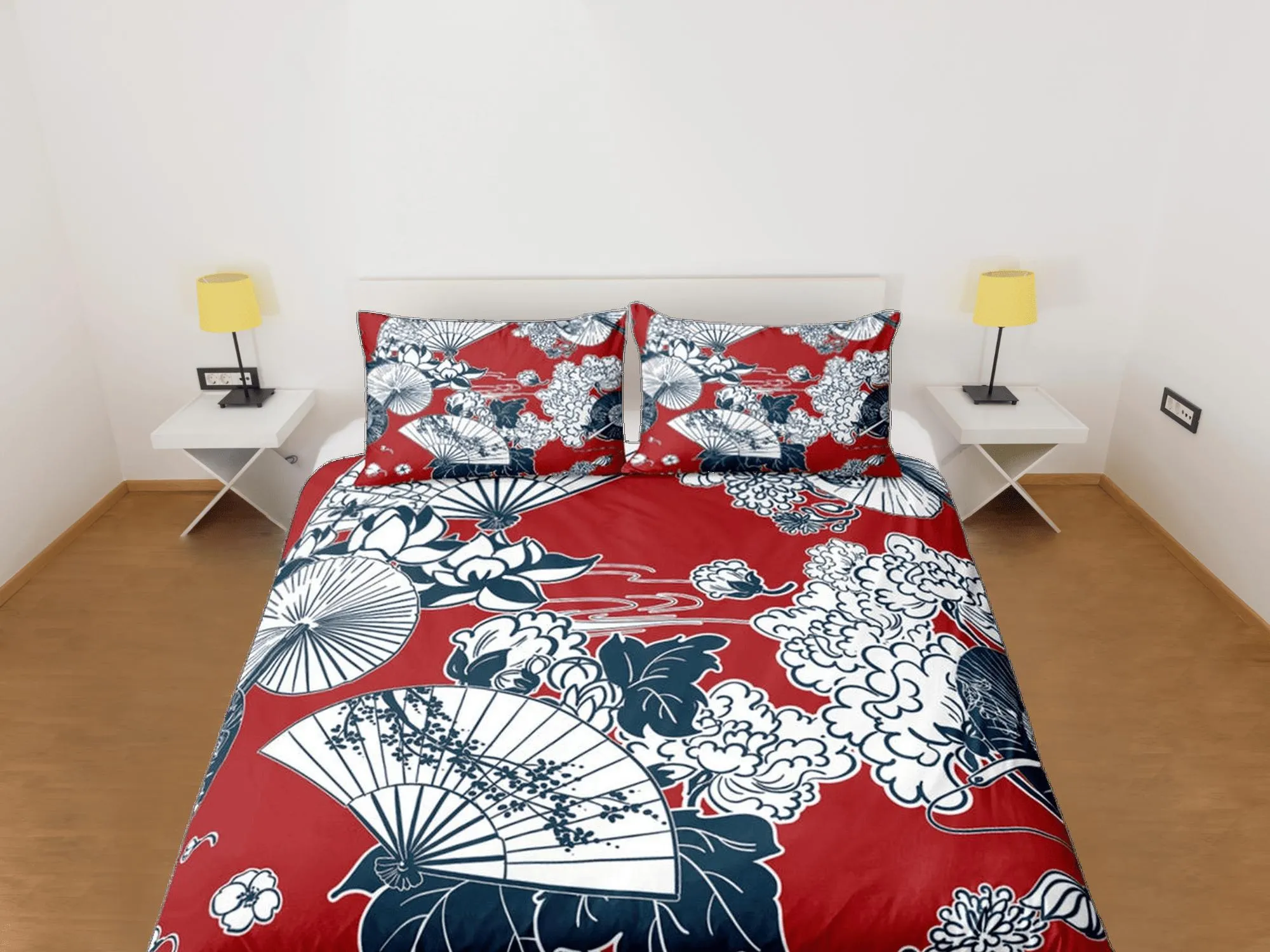 Red Duvet Cover Set Oriental Fan Asian Style Bedspread, Dorm Bedding & Pillowcase