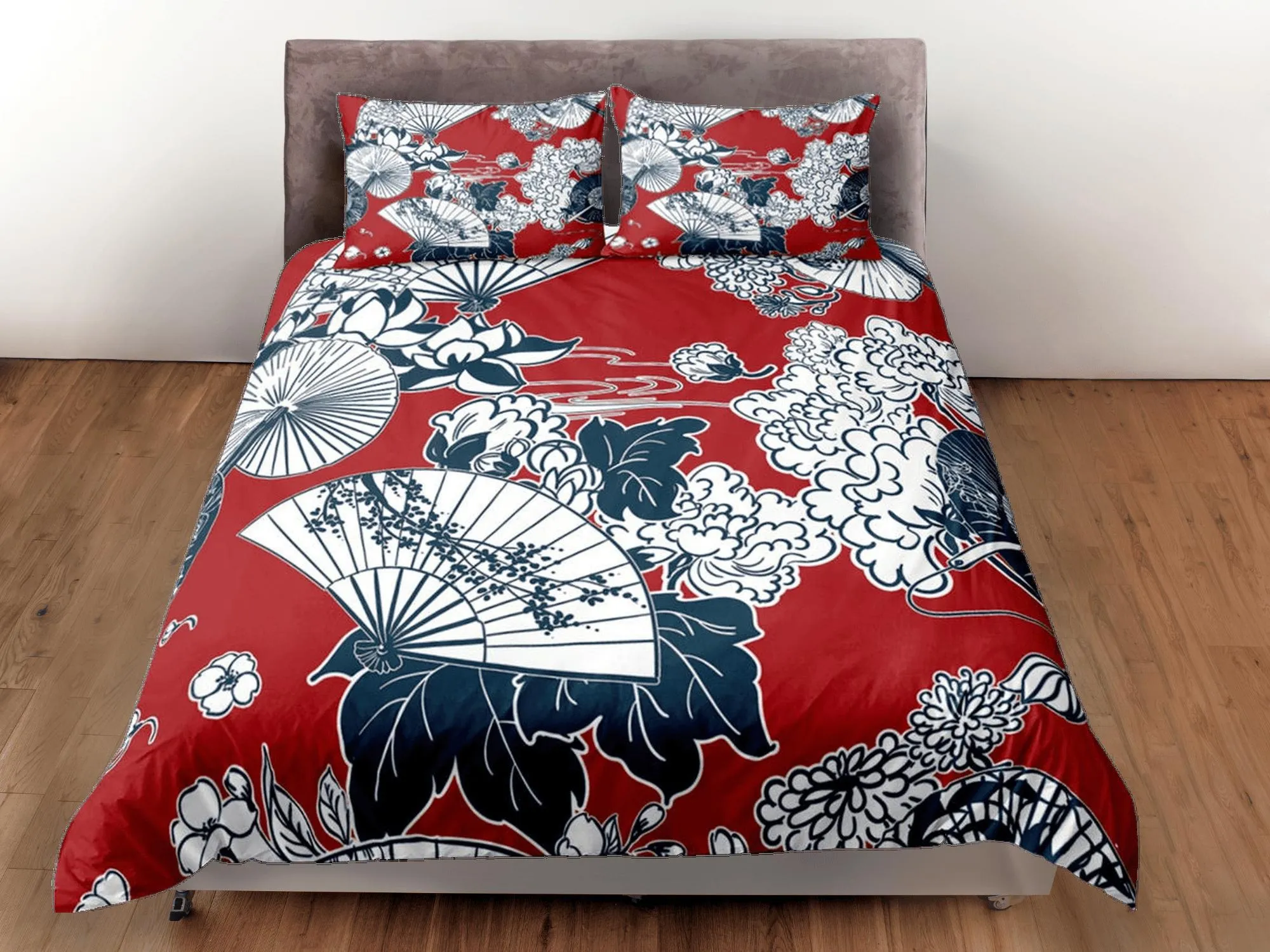 Red Duvet Cover Set Oriental Fan Asian Style Bedspread, Dorm Bedding & Pillowcase