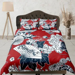 Red Duvet Cover Set Oriental Fan Asian Style Bedspread, Dorm Bedding & Pillowcase