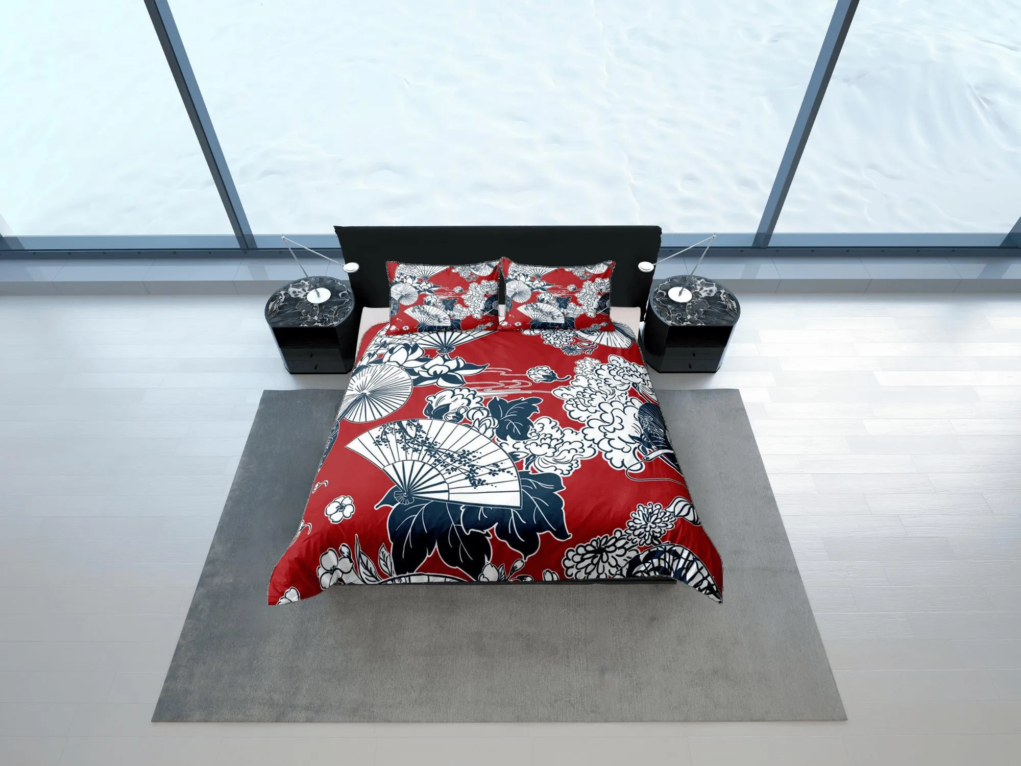 Red Duvet Cover Set Oriental Fan Asian Style Bedspread, Dorm Bedding & Pillowcase