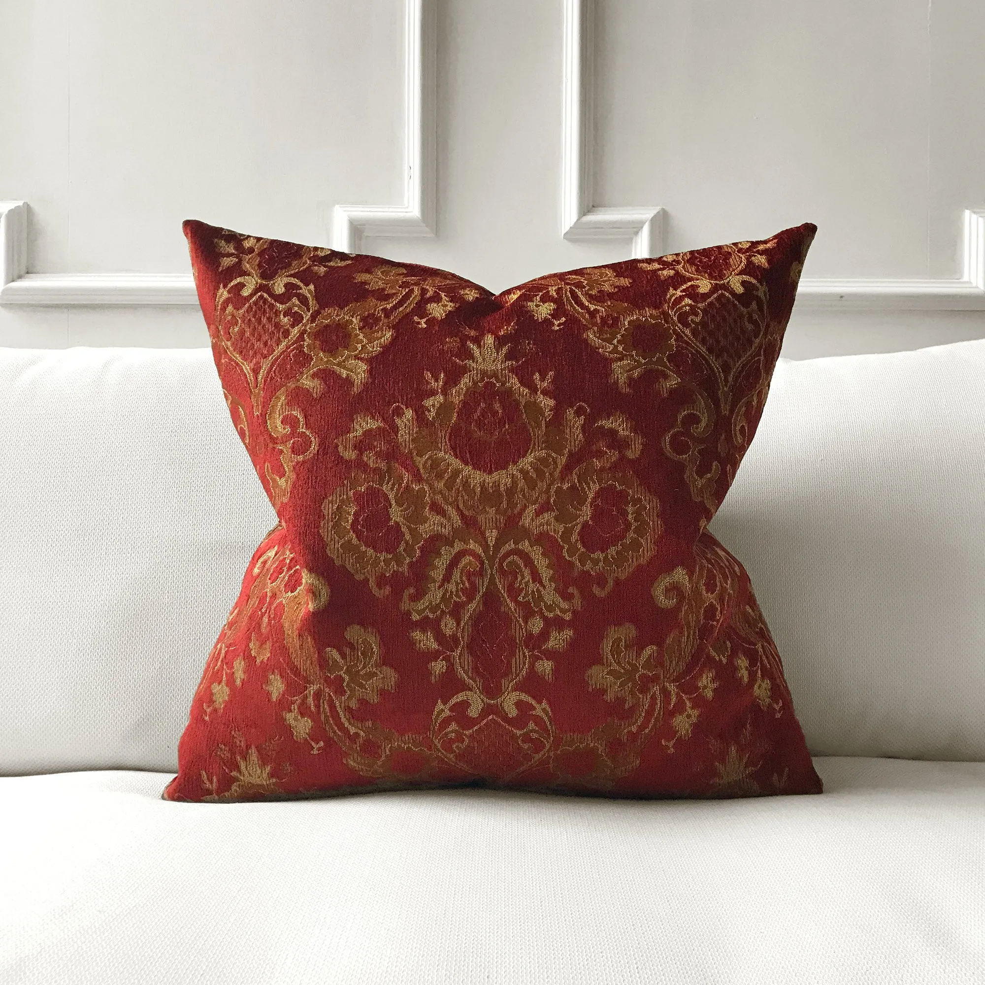 Ruby Red Traditional Damask Throw Pillow Cover 24x24