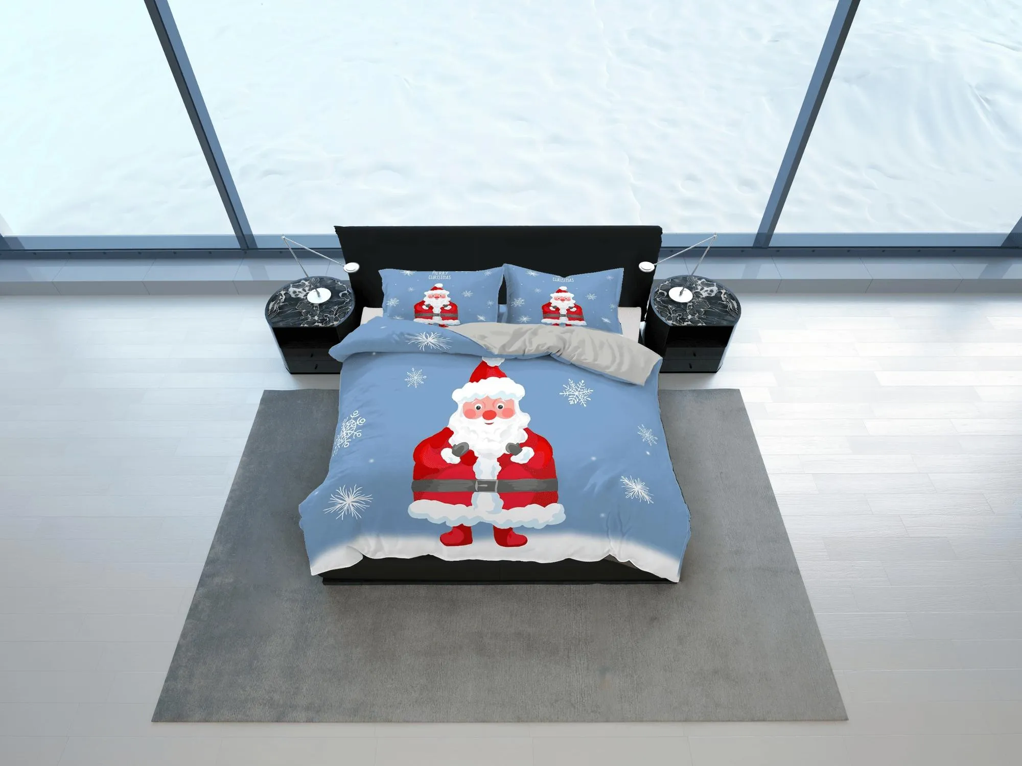 Santa Claus Christmas blue bedding & pillowcase holiday gift duvet cover king queen full twin toddler bedding baby Christmas farmhouse decor