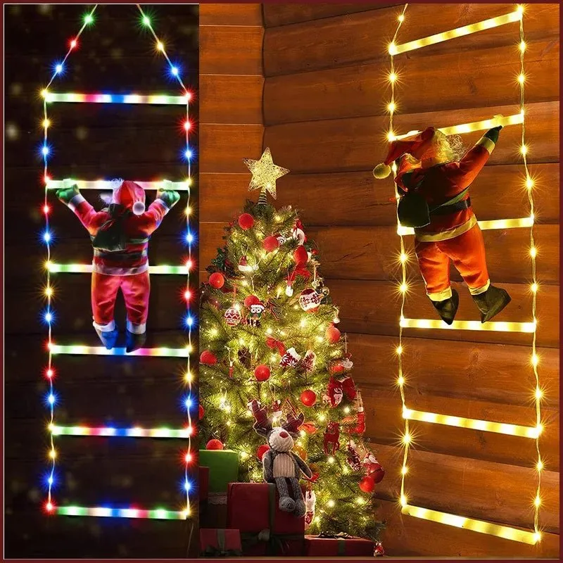 Santa Claus Climbing Ladder with LED String Lights – Festive Christmas Decor for Home, Window & Tree