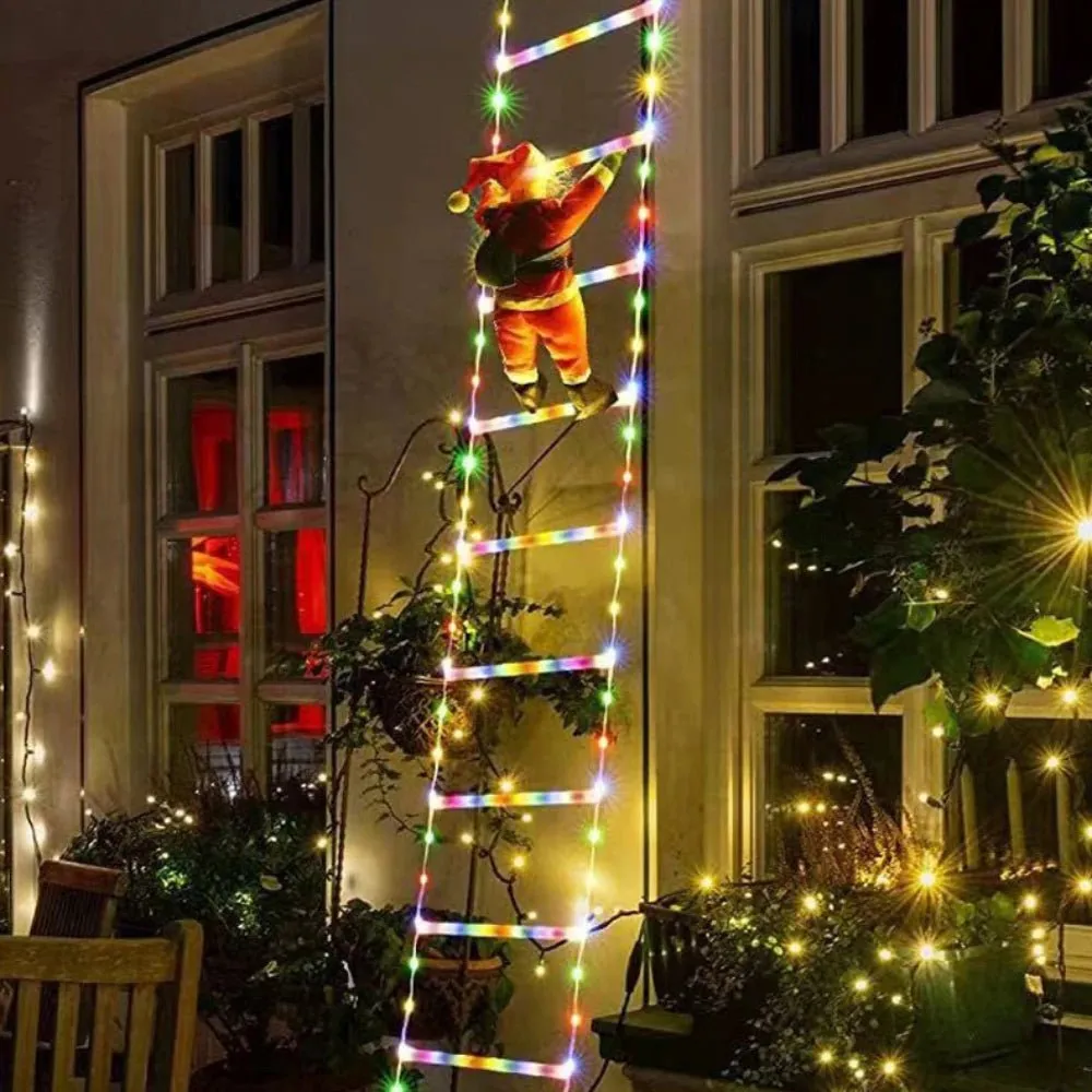 Santa Claus Climbing Ladder with LED String Lights – Festive Christmas Decor for Home, Window & Tree