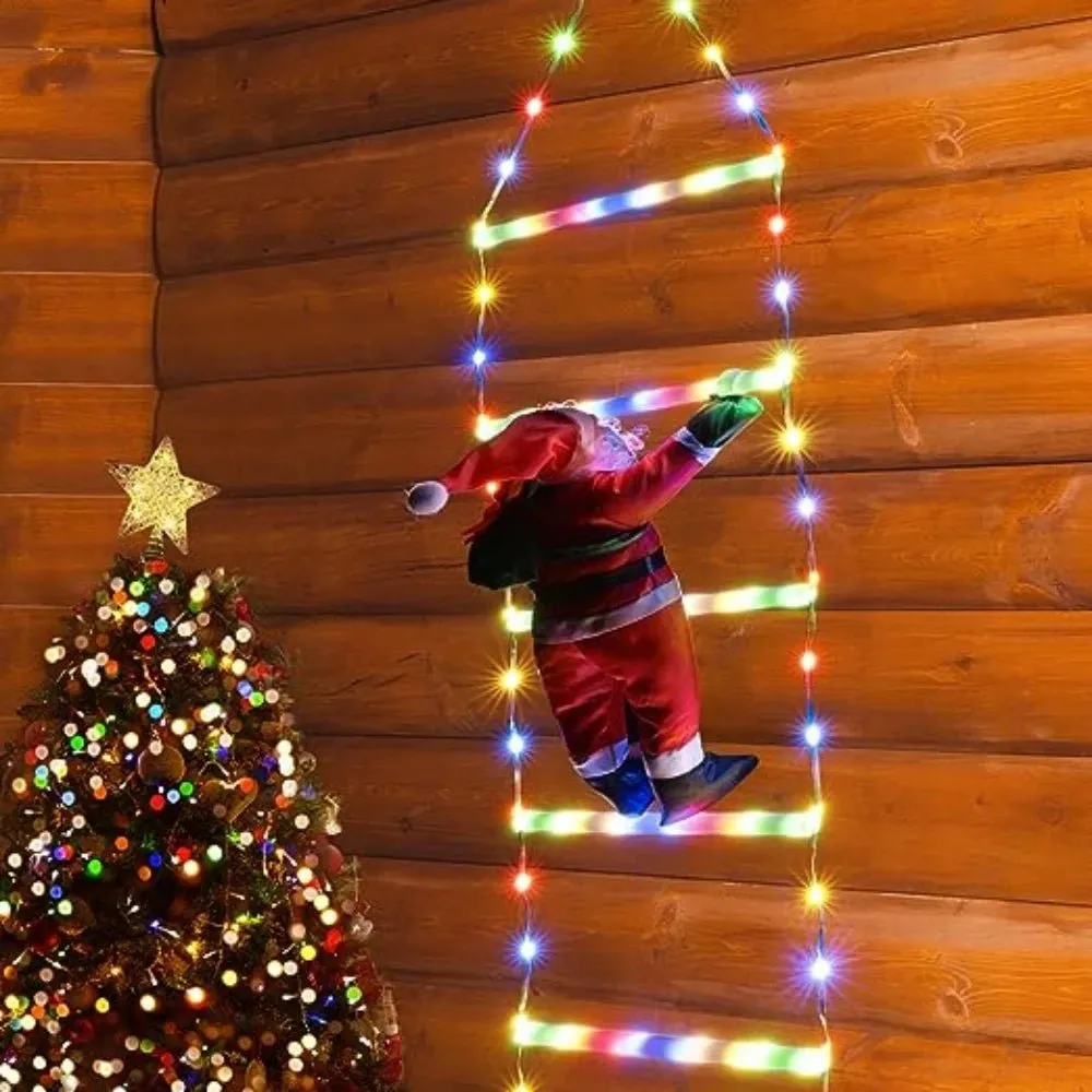 Santa Claus Climbing Ladder with LED String Lights – Festive Christmas Decor for Home, Window & Tree