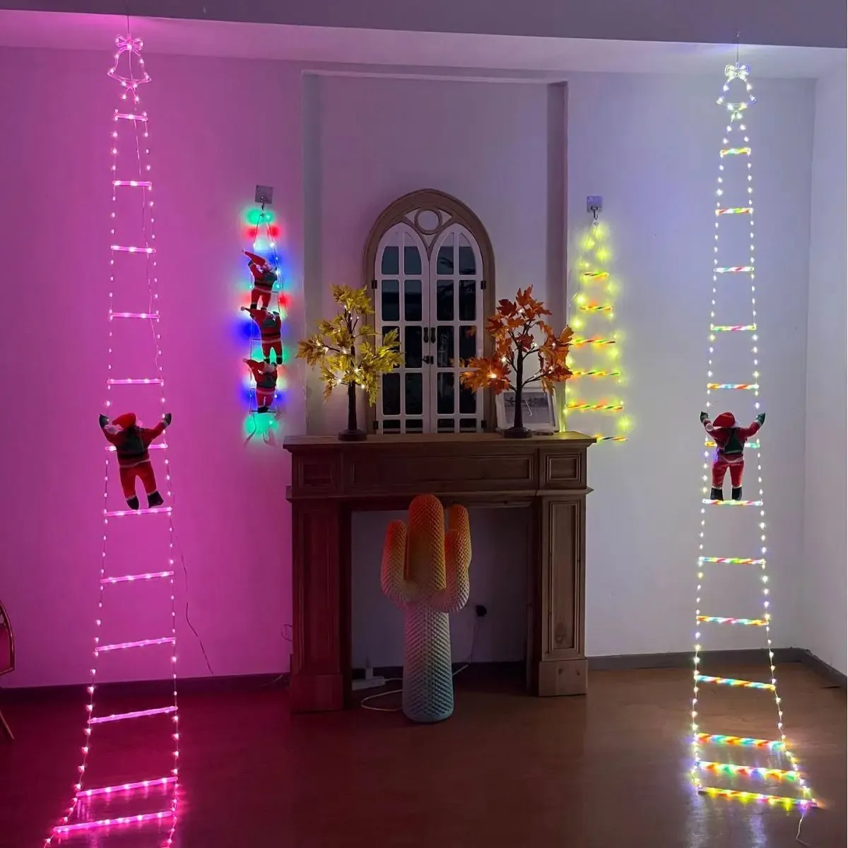 Santa Claus Climbing Ladder with LED String Lights – Festive Christmas Decor for Home, Window & Tree