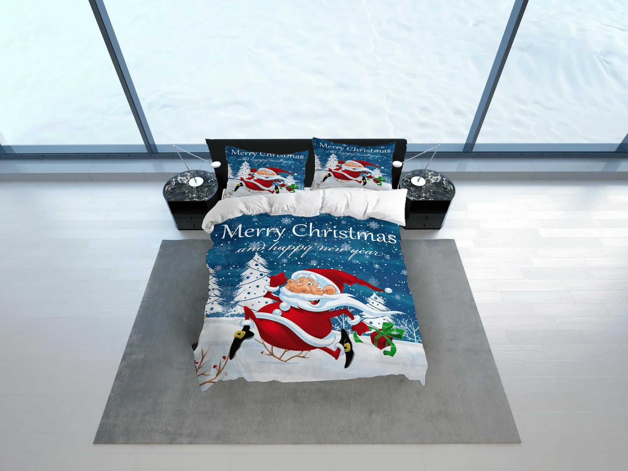 Santa Claus white Christmas bedding, pillowcase holiday gift duvet cover king queen full twin toddler bedding baby Christmas farmhouse decor