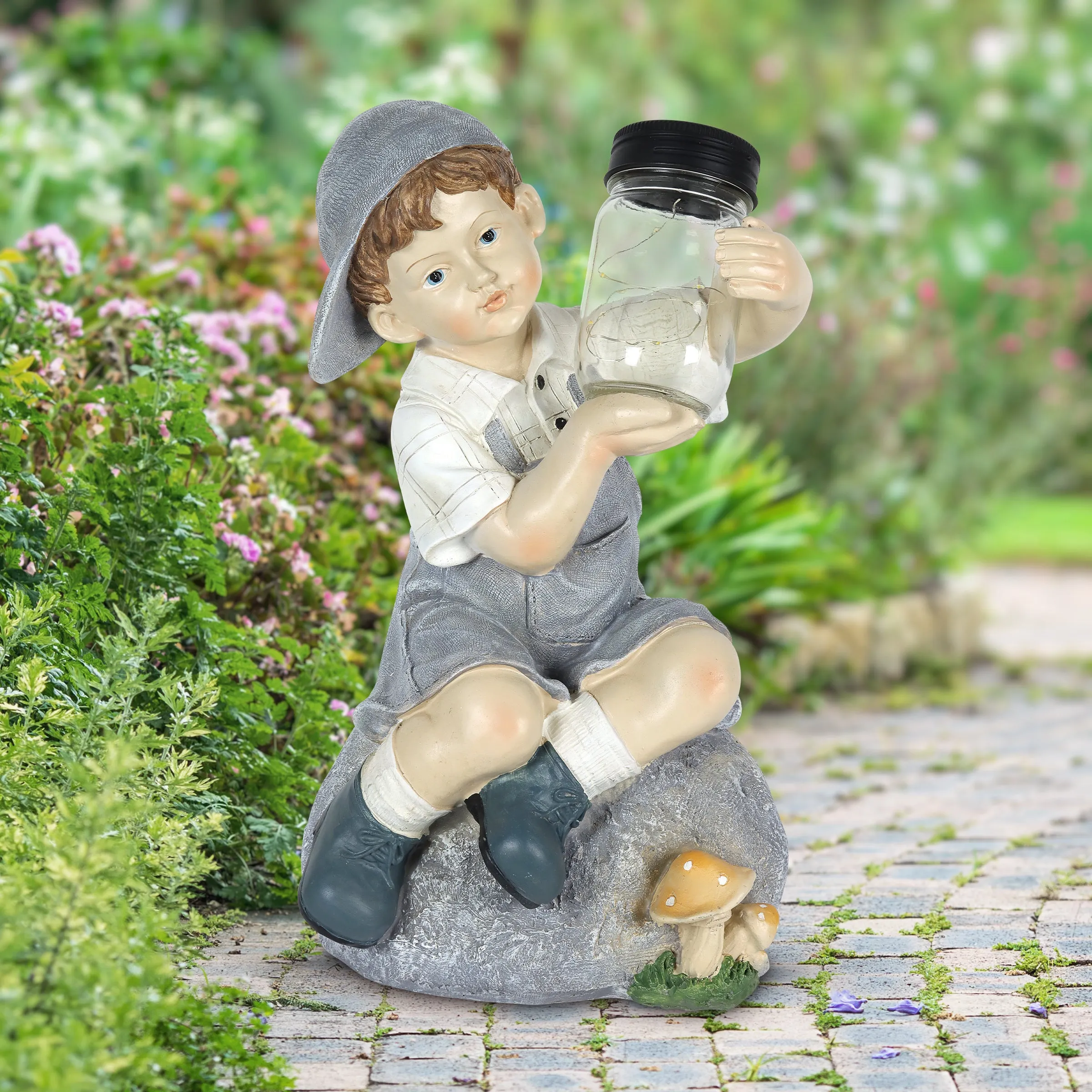 Solar Boy Holding a LED Firefly Jar Garden Statuary, 18 Inches tall