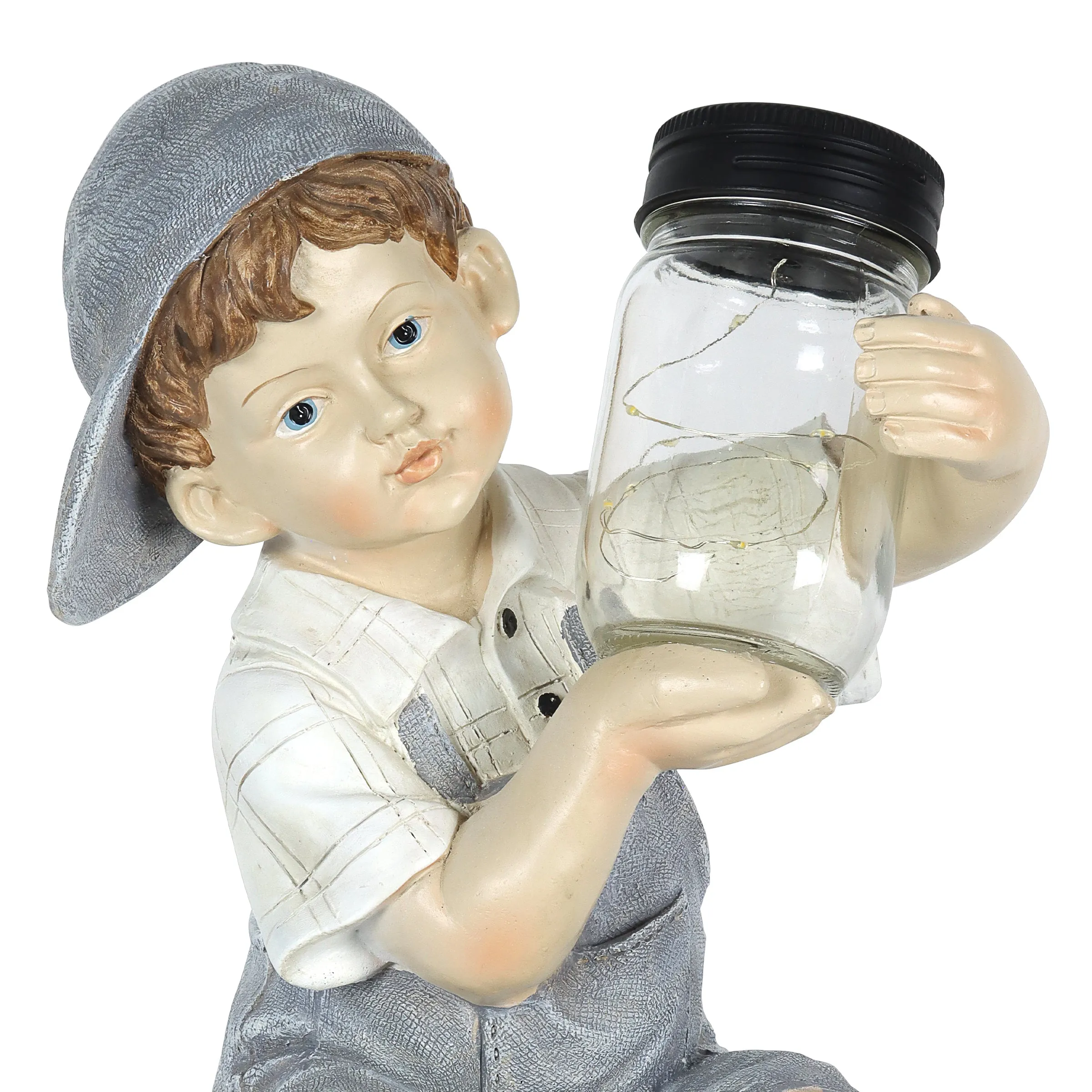 Solar Boy Holding a LED Firefly Jar Garden Statuary, 18 Inches tall