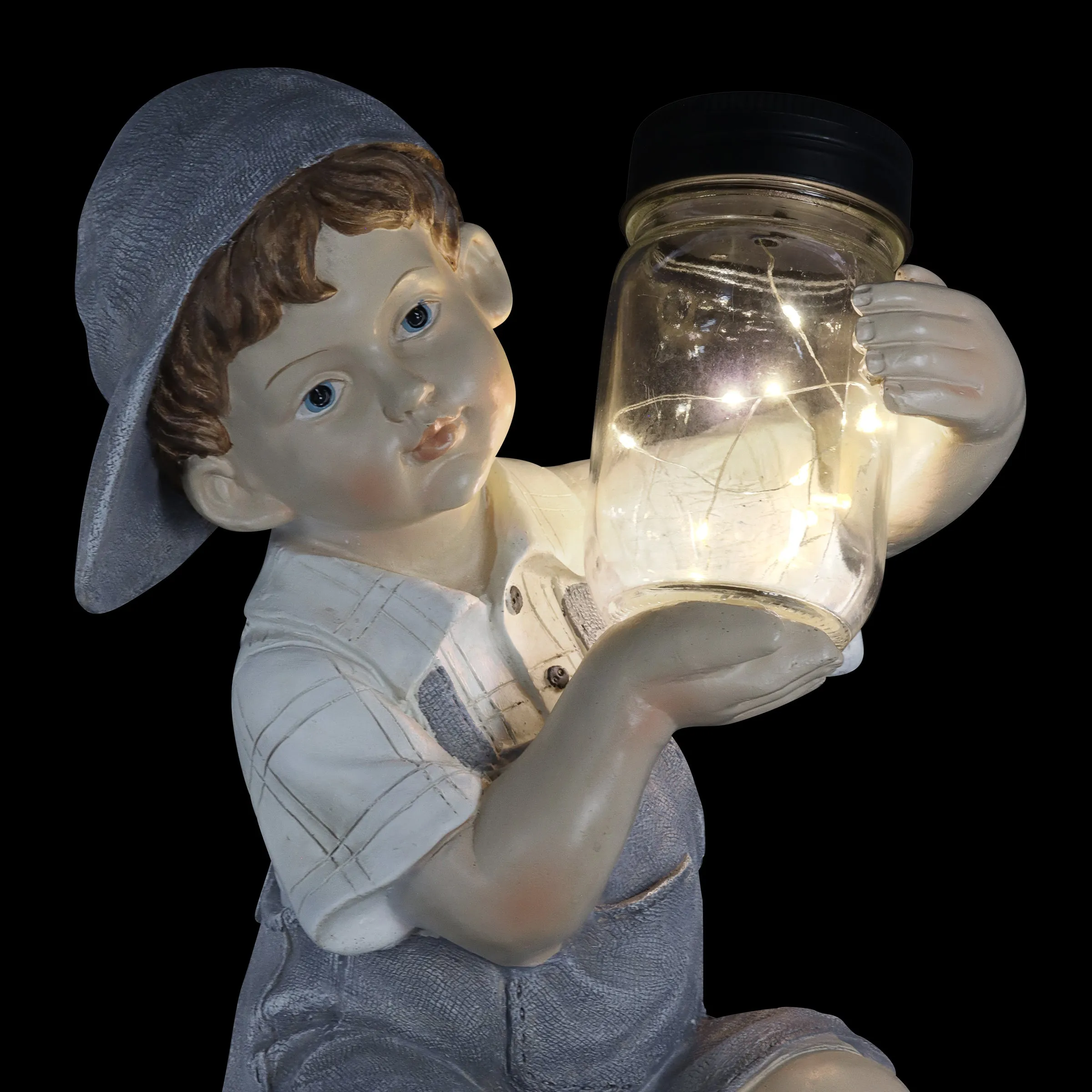 Solar Boy Holding a LED Firefly Jar Garden Statuary, 18 Inches tall