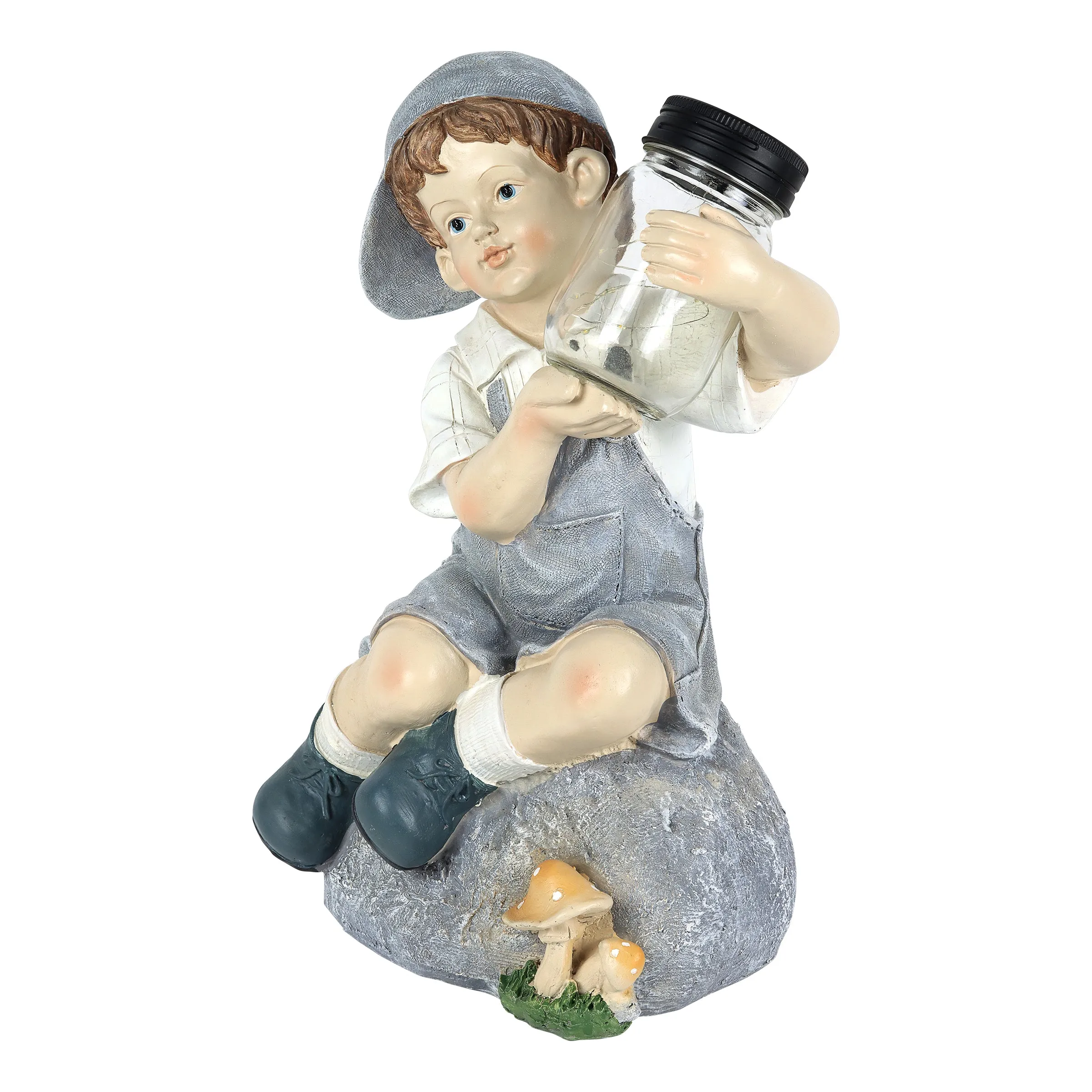 Solar Boy Holding a LED Firefly Jar Garden Statuary, 18 Inches tall