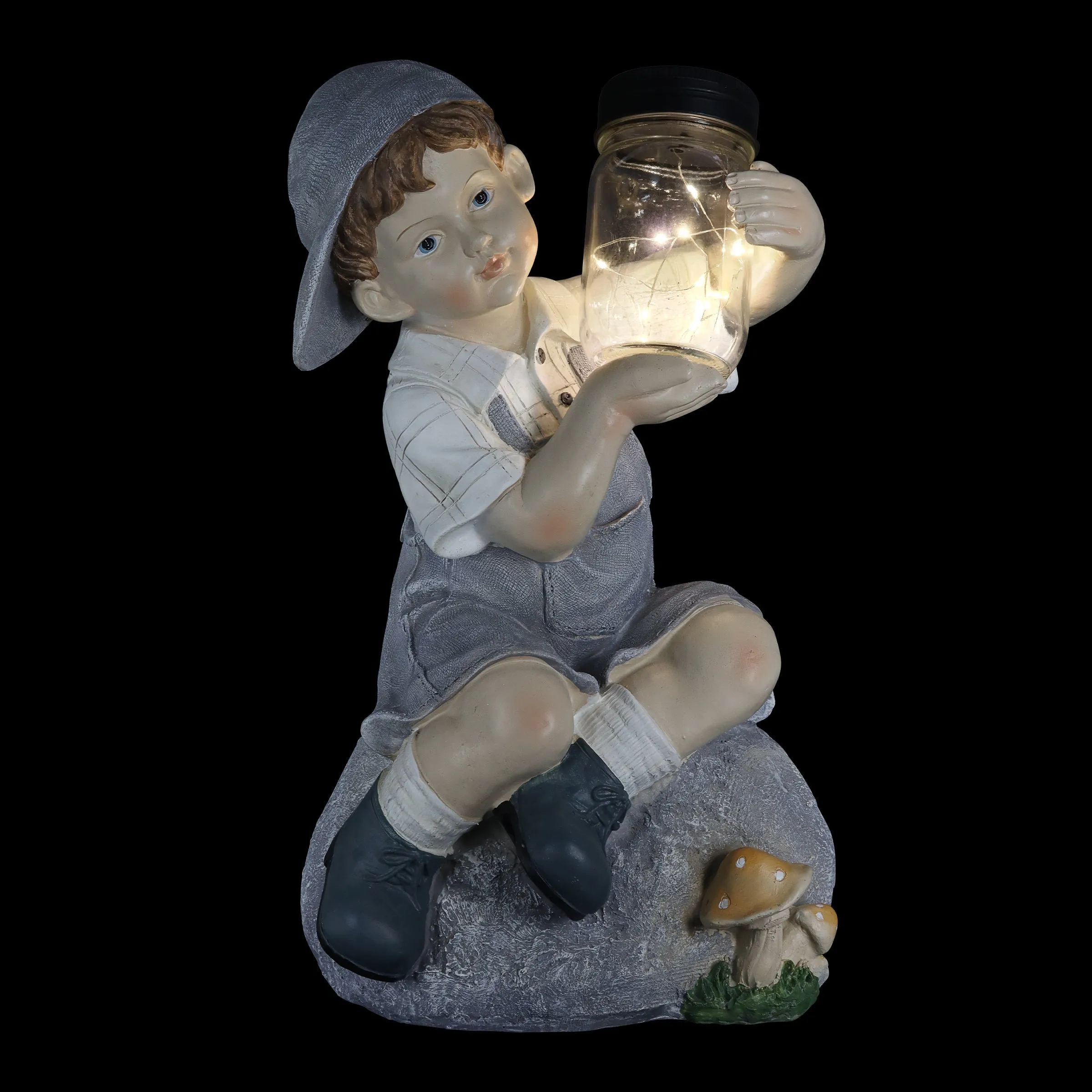 Solar Boy Holding a LED Firefly Jar Garden Statuary, 18 Inches tall