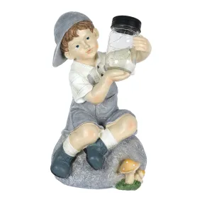 Solar Boy Holding a LED Firefly Jar Garden Statuary, 18 Inches tall