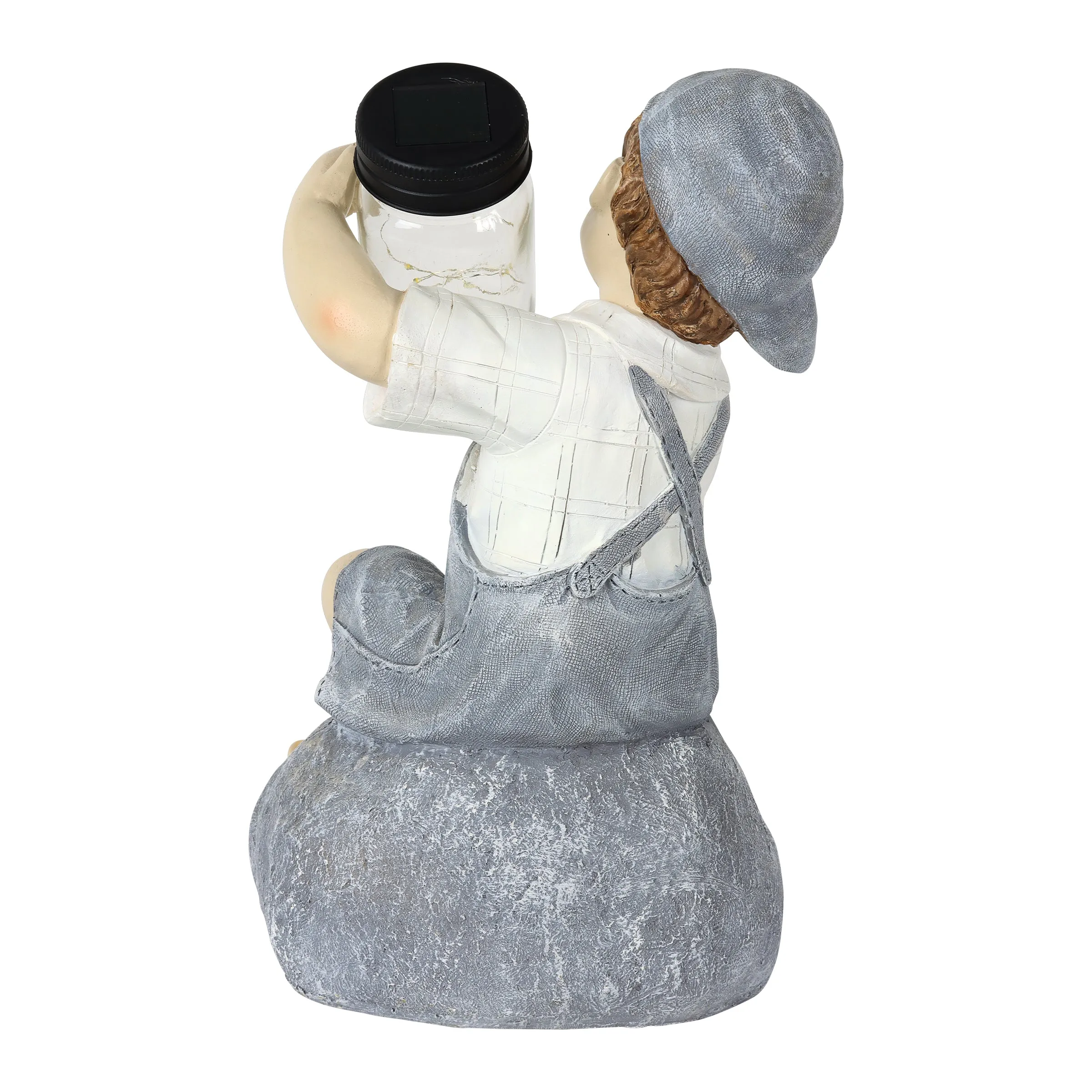 Solar Boy Holding a LED Firefly Jar Garden Statuary, 18 Inches tall