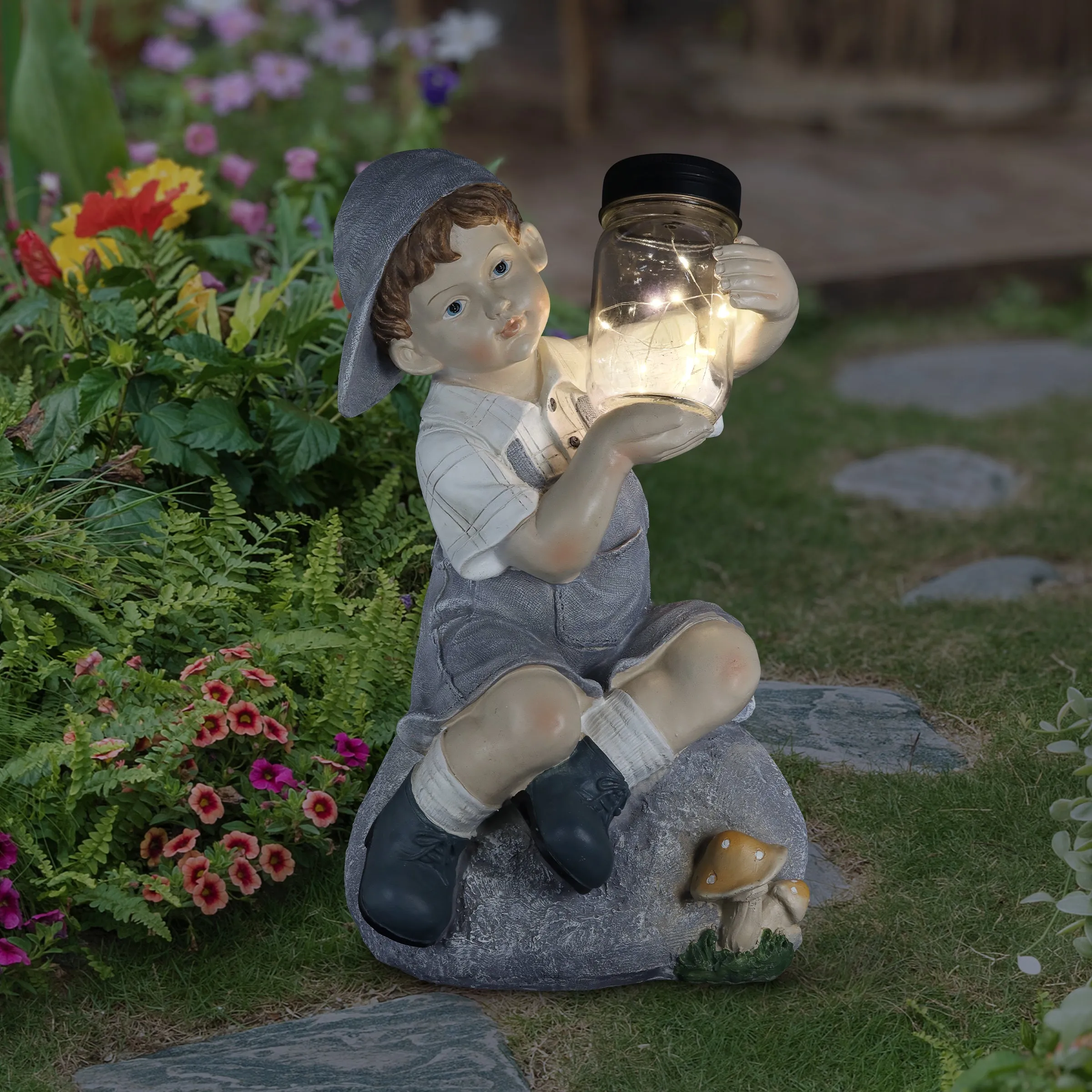 Solar Boy Holding a LED Firefly Jar Garden Statuary, 18 Inches tall