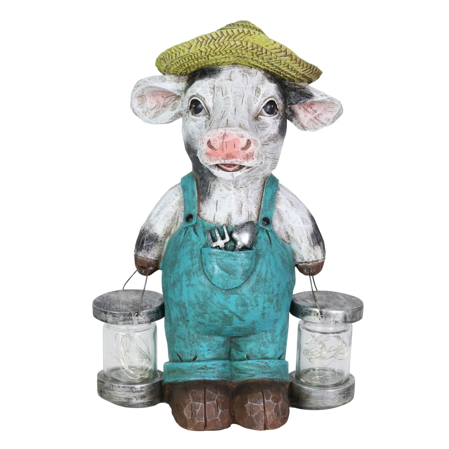 Solar Rustic Farmhouse Cow with Firefly Jars Statuary, 12.5 Inches