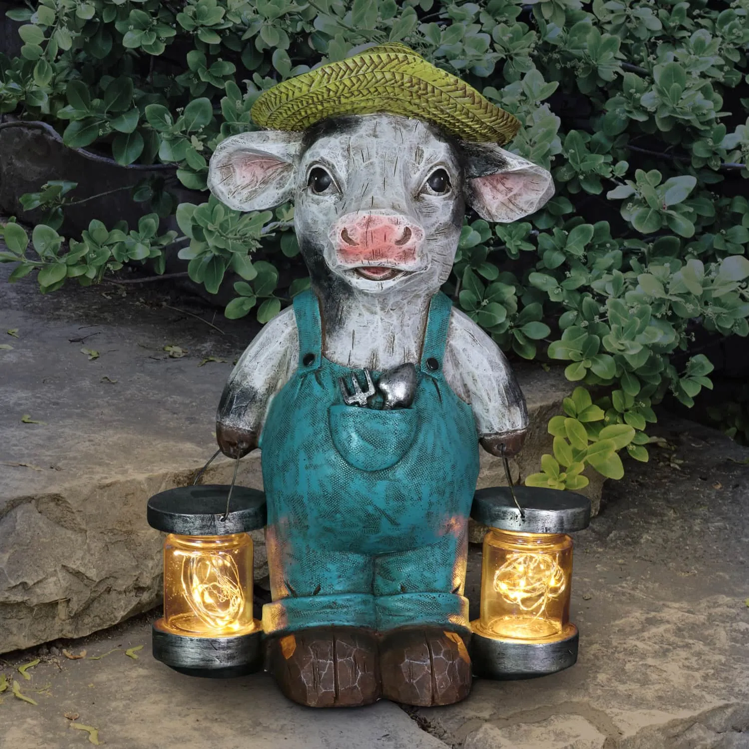 Solar Rustic Farmhouse Cow with Firefly Jars Statuary, 12.5 Inches