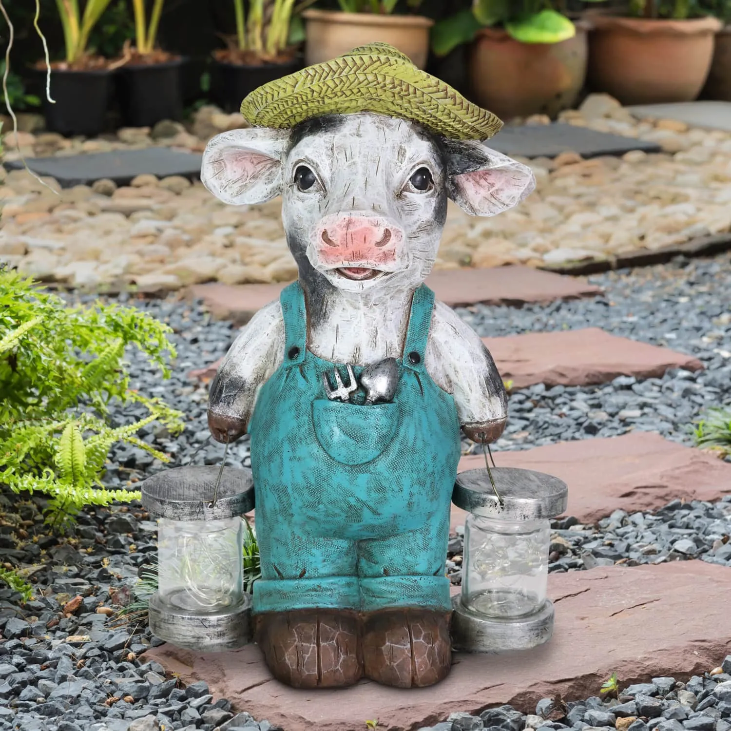 Solar Rustic Farmhouse Cow with Firefly Jars Statuary, 12.5 Inches