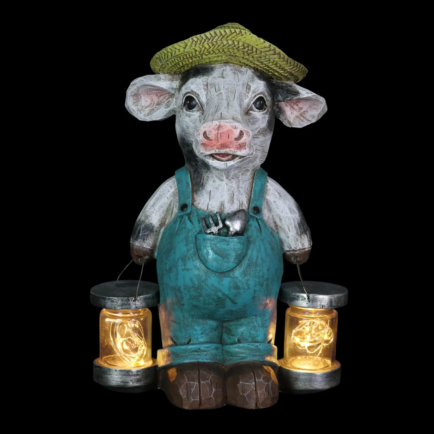 Solar Rustic Farmhouse Cow with Firefly Jars Statuary, 12.5 Inches