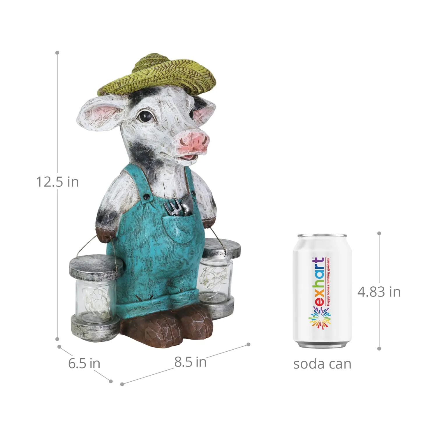 Solar Rustic Farmhouse Cow with Firefly Jars Statuary, 12.5 Inches