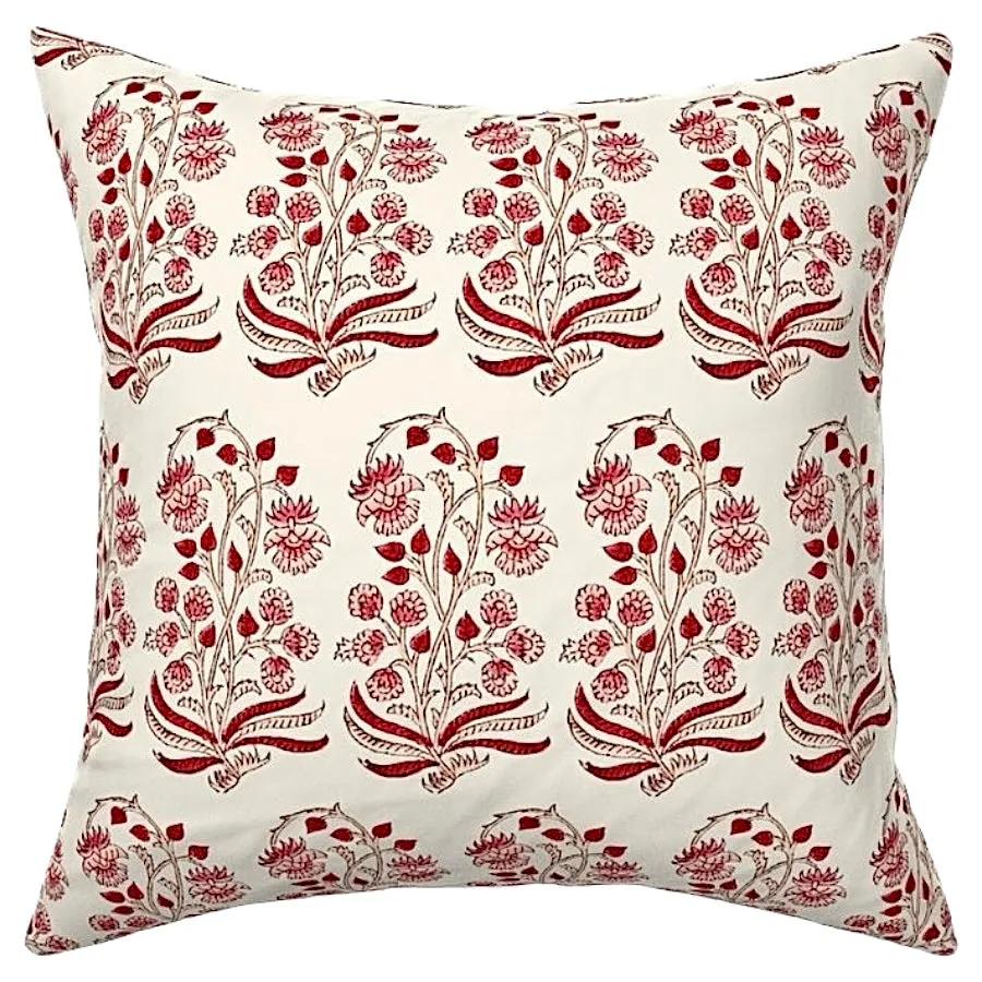 Sorbet: Coral Pink and Orange Block Printed Floral Canvas Pillow Cover: Available in 10 Sizes