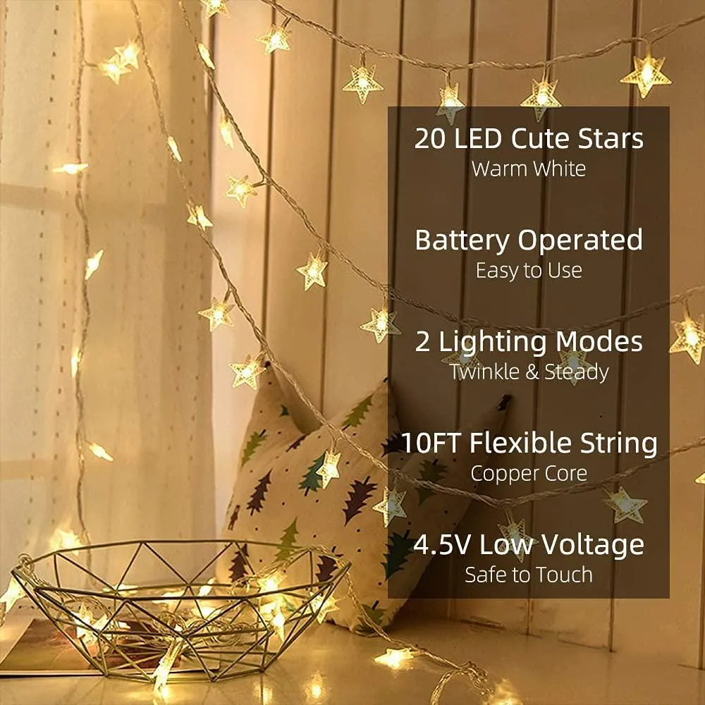 Star Lights Star String Lights 10Ft 20 LED Star Fairy Lights Battery Operated Waterproof Indoor Outdoor Twinkle Christmas Lights