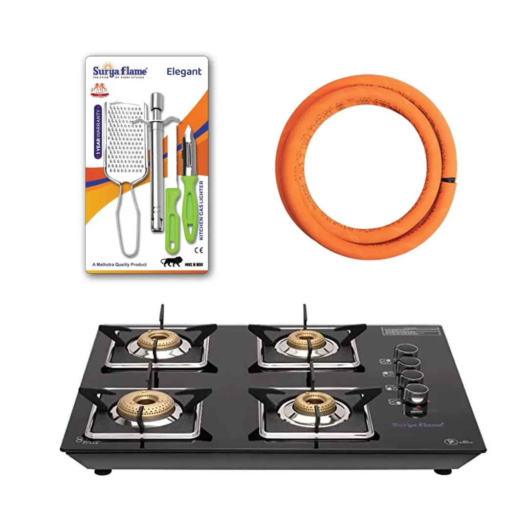 Surya Flame Apollo Square Hob Top 4 Burners Manual Glass Stove | LPG Gas Dual Layer Rubber Hose Pipe 1.5M | Elegant Gas Stove Lighter With Knife, Peeler Knife and Shredder (Pack of 4)