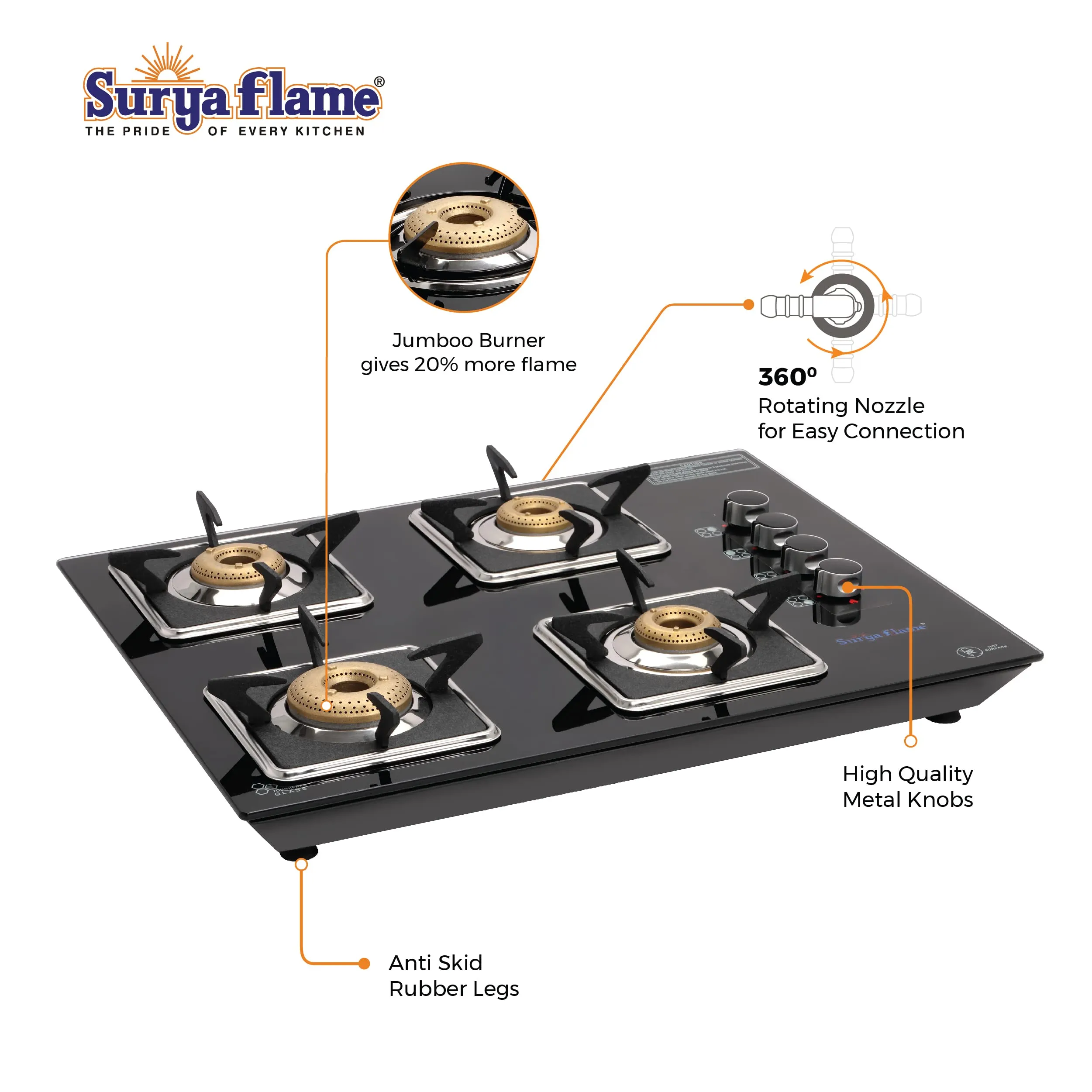 Surya Flame Apollo Square Hob Top 4 Burners Manual Glass Stove | LPG Gas Dual Layer Rubber Hose Pipe 1.5M | Elegant Gas Stove Lighter With Knife, Peeler Knife and Shredder (Pack of 4)