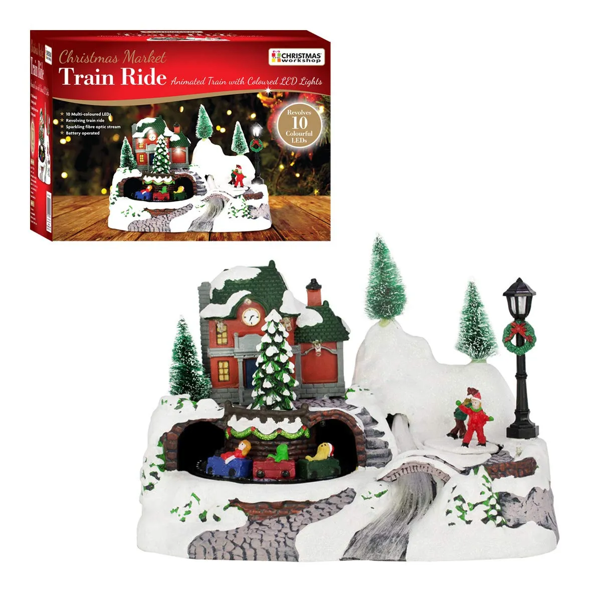 The Christmas Workshop 82800 Animated Train & Ice Skating Ornament / Light Up Christmas Decoration / 10 x Multi-Coloured LED Lights / 24cm x 16cm x 17cm