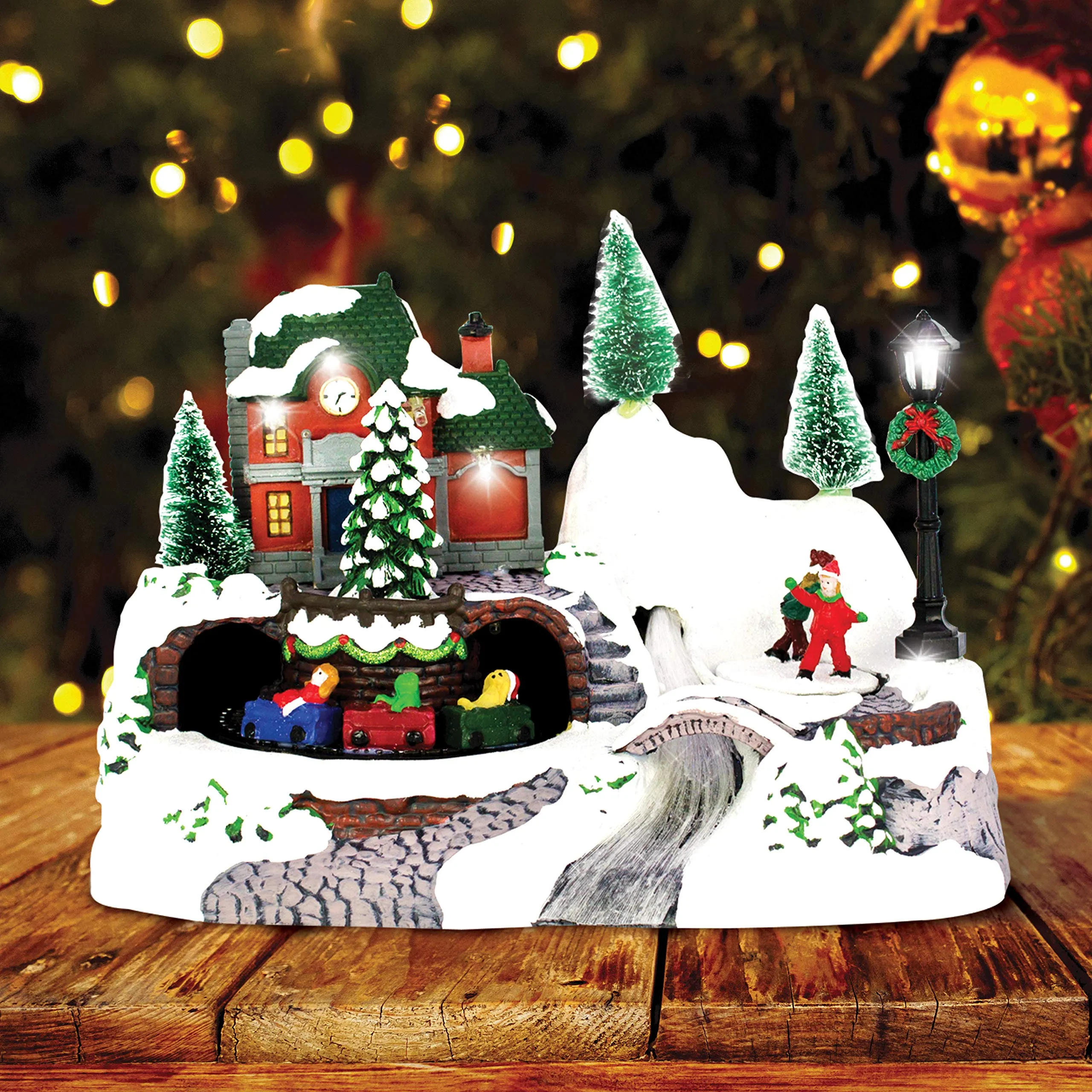 The Christmas Workshop 82800 Animated Train & Ice Skating Ornament / Light Up Christmas Decoration / 10 x Multi-Coloured LED Lights / 24cm x 16cm x 17cm