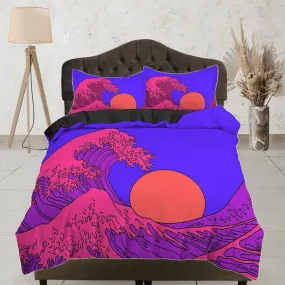 The Great Wave Bedding, Vaporwave Hippie Bedding, Japanese Duvet Cover Set, Aesthetic Purple Duvet Cover King Queen Full Twin Double Single