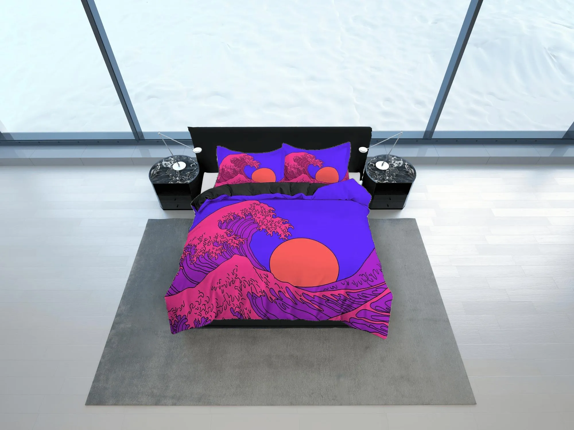 The Great Wave Bedding, Vaporwave Hippie Bedding, Japanese Duvet Cover Set, Aesthetic Purple Duvet Cover King Queen Full Twin Double Single