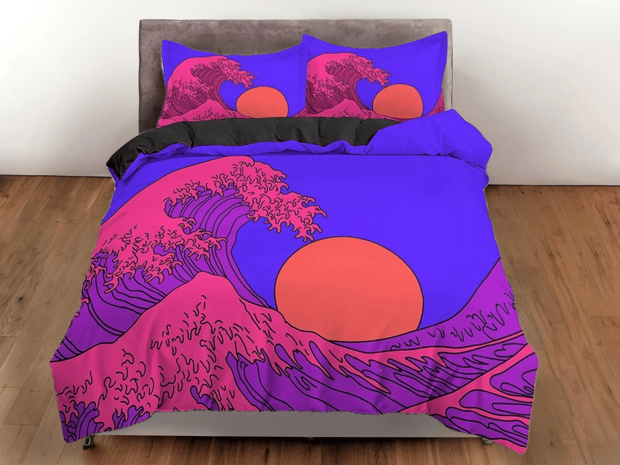 The Great Wave Bedding, Vaporwave Hippie Bedding, Japanese Duvet Cover Set, Aesthetic Purple Duvet Cover King Queen Full Twin Double Single